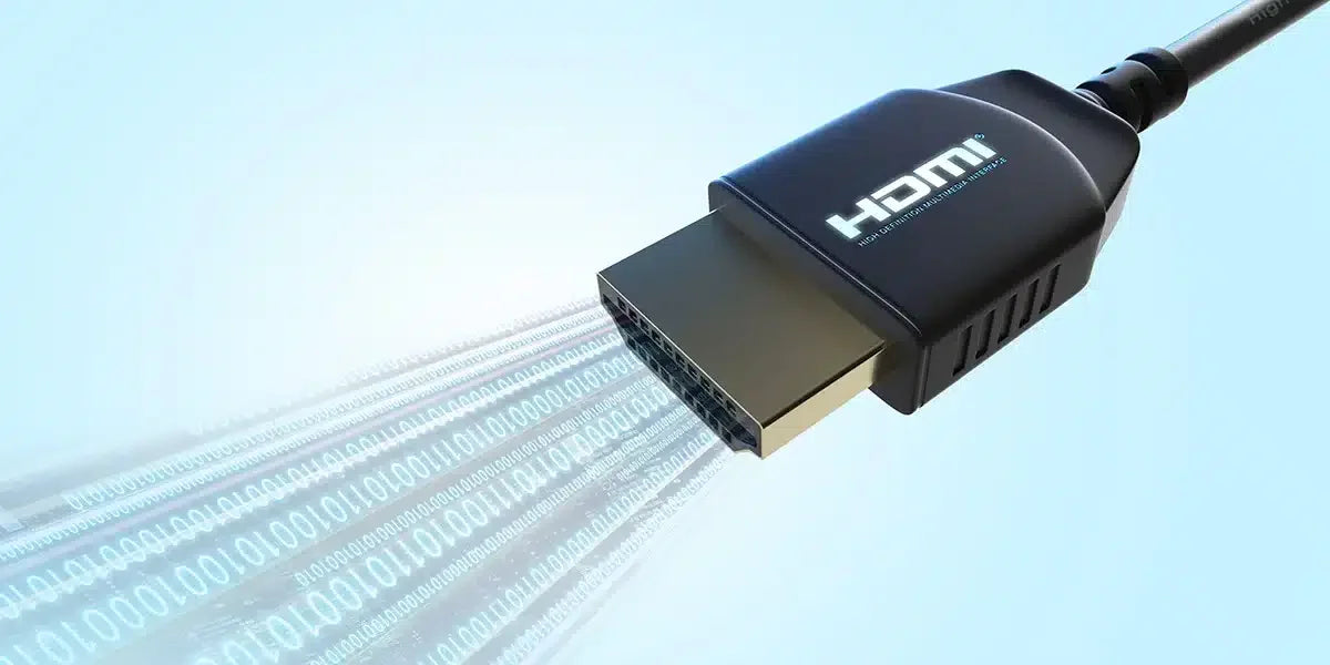 Alt text (in Italian):
Cavo HDMI con flusso di dati digitali in uscita su sfondo azzurro.