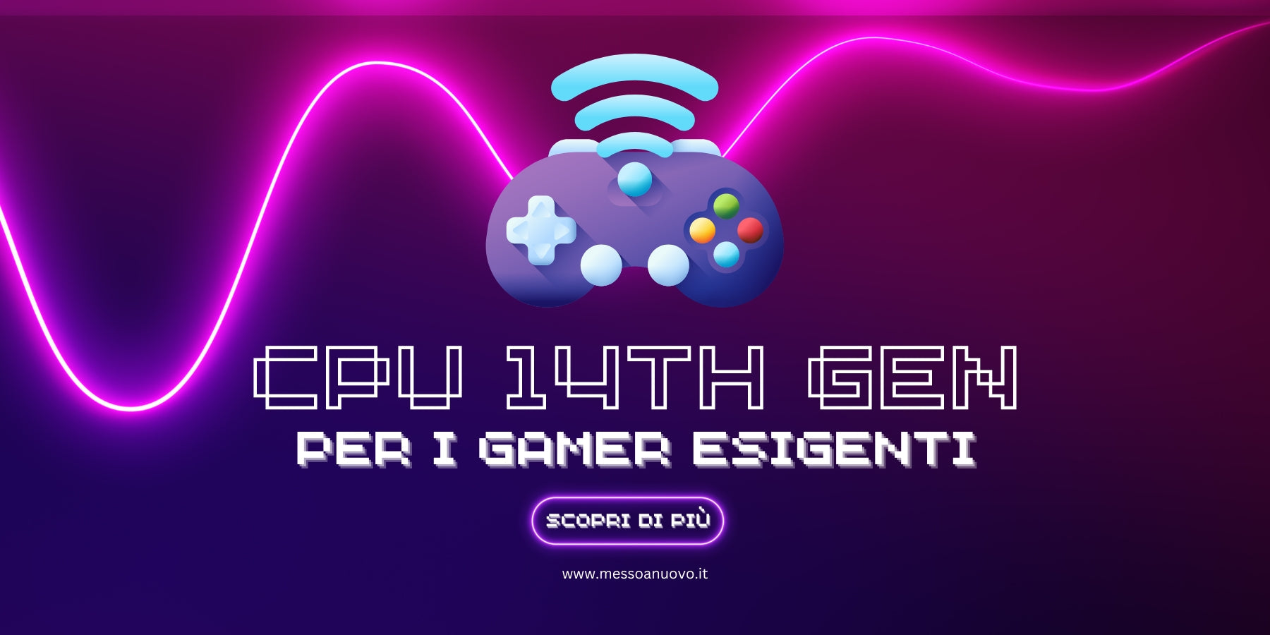 **Alt text (in Italian):**
CPU 14th Gen per gamer esigenti con grafica neon e controller gaming.