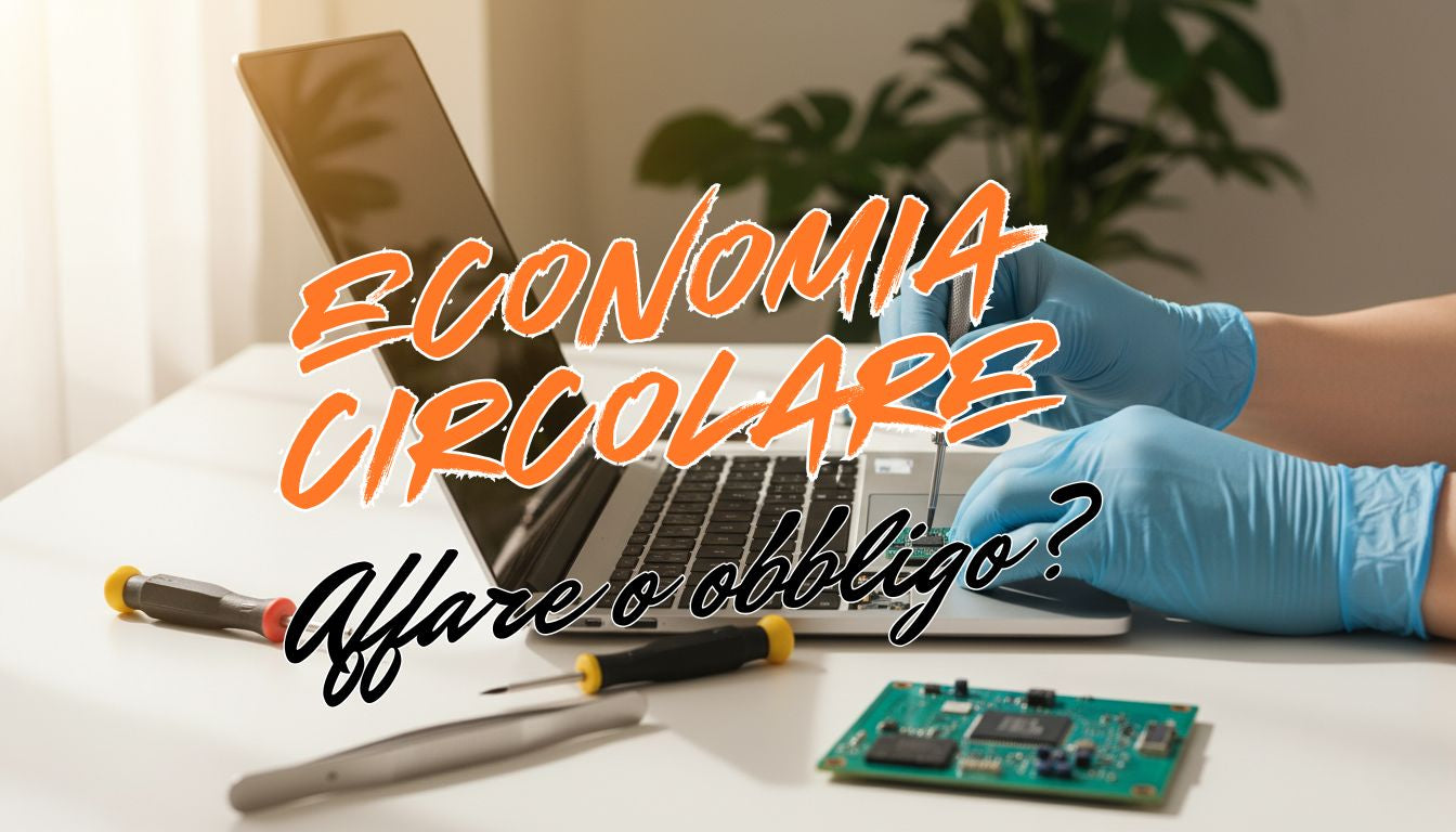 Tecnico con guanti ripara un laptop smontato con cacciaviti e scheda madre: economia circolare elettronica, affare o obbligo?