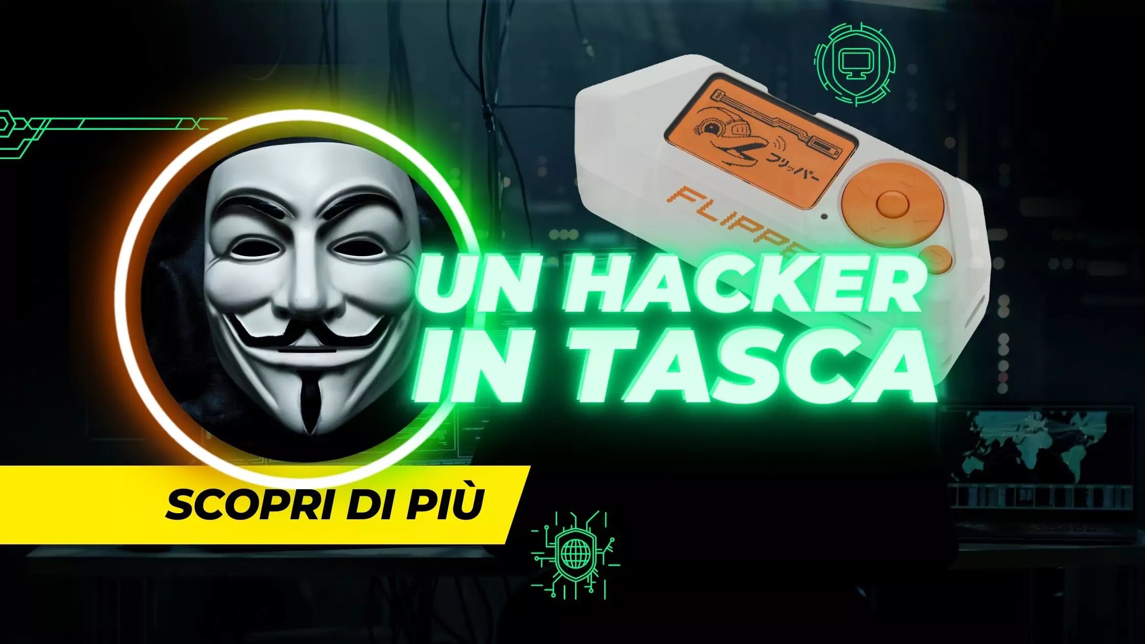 **Alt text (in Italian):**
Flipper Zero: un hacker in tasca per sicurezza informatica e hacking.
