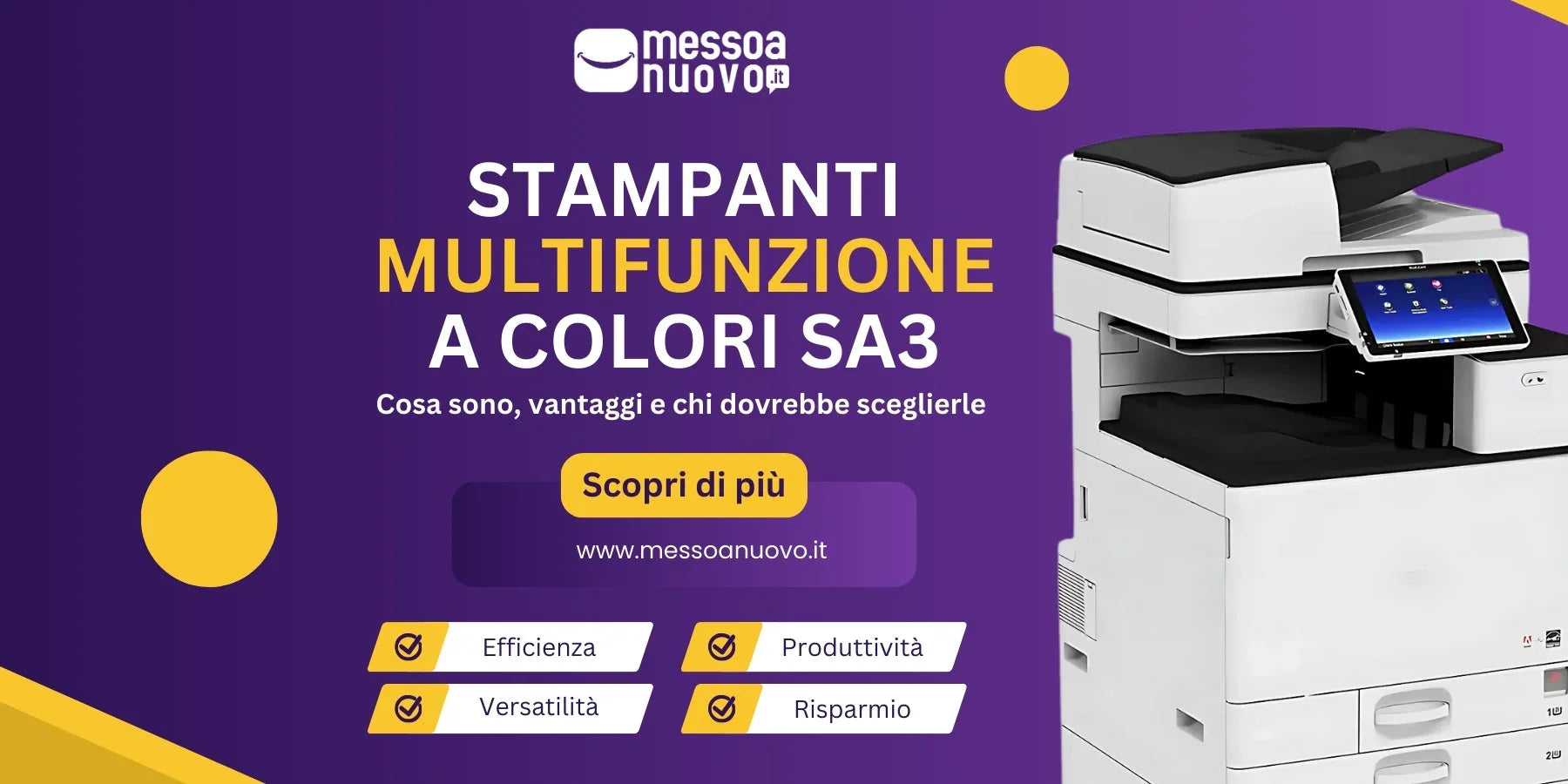 **Alt text (in Italian):**
Stampanti multifunzione a colori SA3: efficienza, versatilità e risparmio.