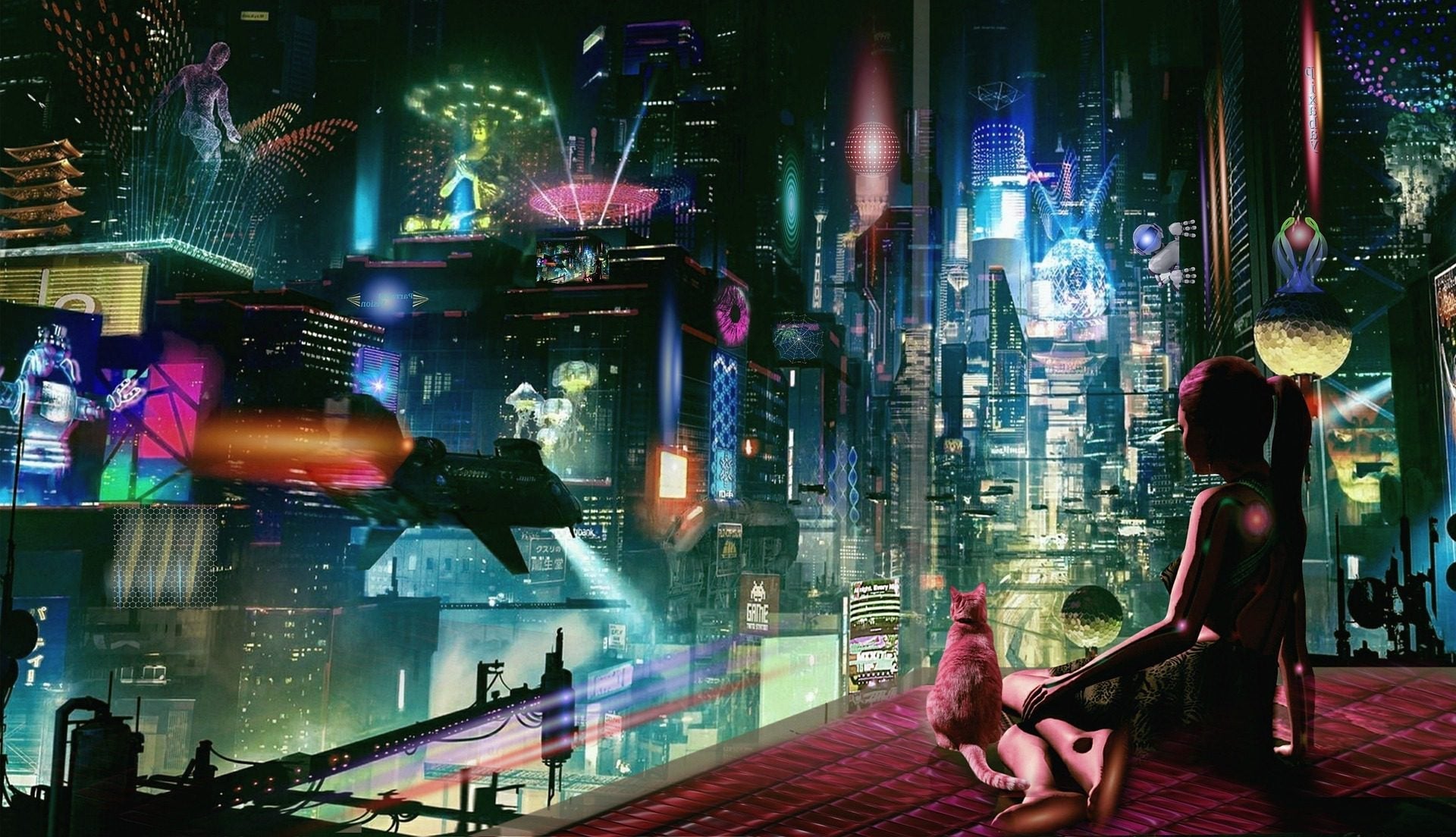 **Alt text (in Italian):**
Donna e gatto osservano città futuristica nel metaverso digitale luminoso.