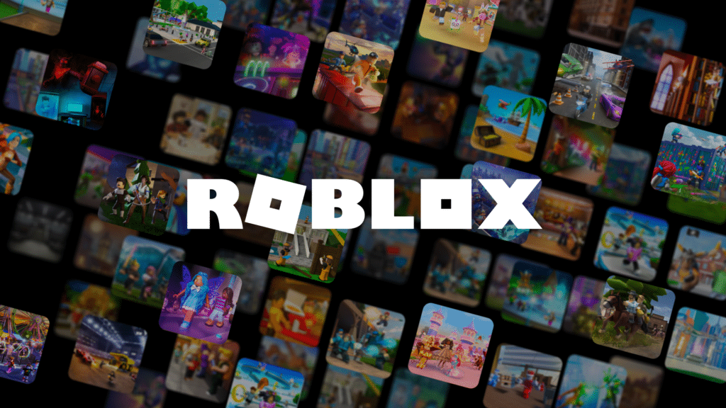 Logo di Roblox con sfondo di giochi colorati e mondi virtuali.
