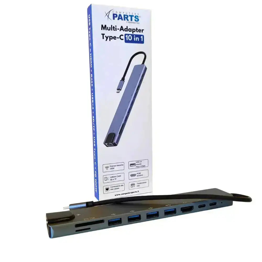 Docking station USB-C 10-in-1 con confezione, compatibile con Lenovo ThinkCentre TIO24 per espandere porte e connettività.