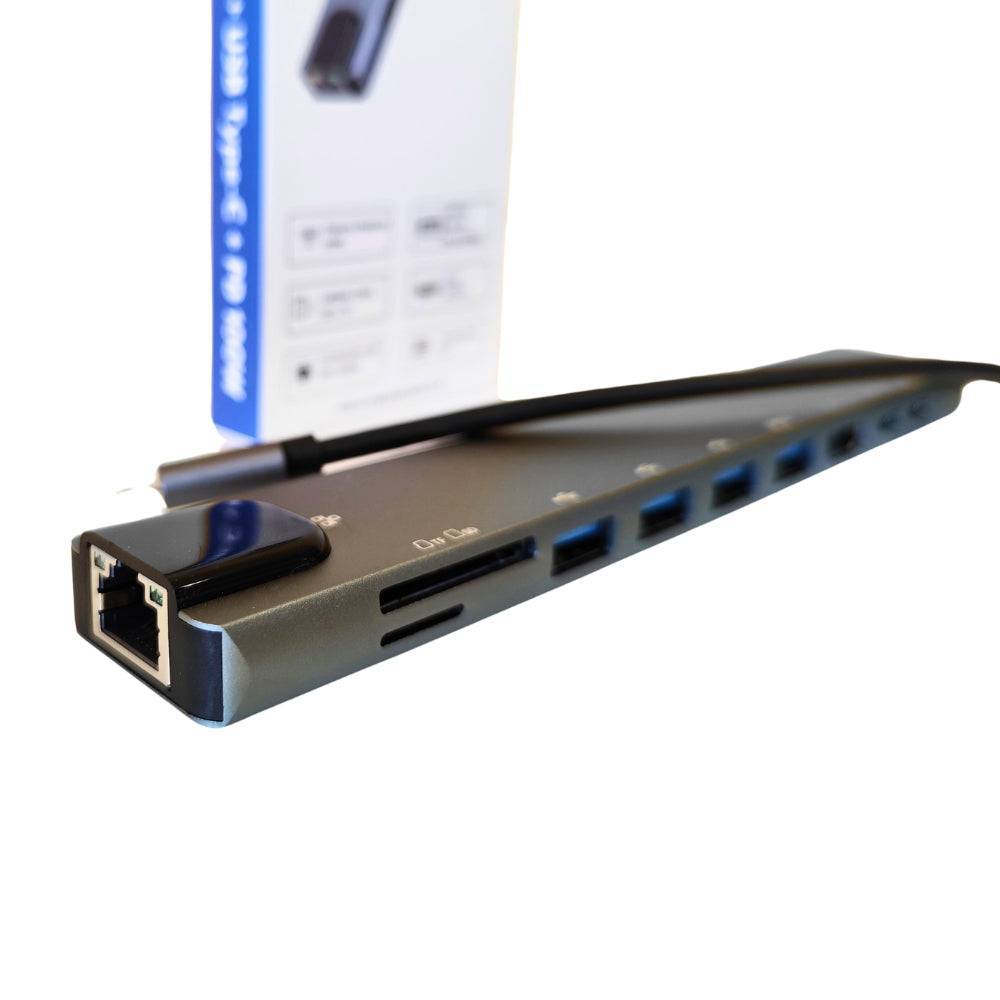 Vista ravvicinata Docking Station USB-C 10 in 1 con porta Ethernet RJ45 e slot SD/TF, design compatto per laptop.