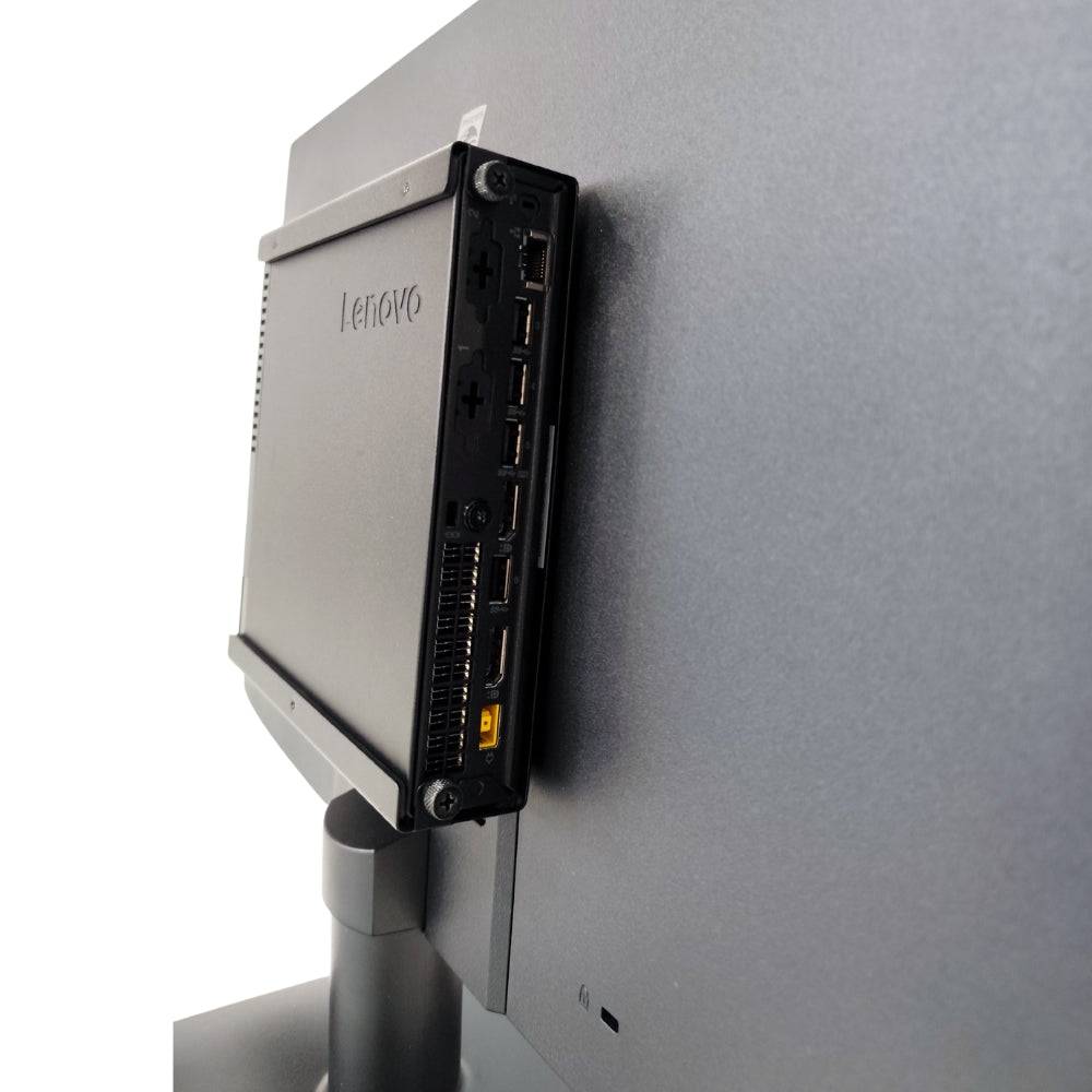 Dettaglio porte Mini PC Lenovo M910q montato su monitor Philips 27'', parte della postazione All In One con docking 10 in 1.