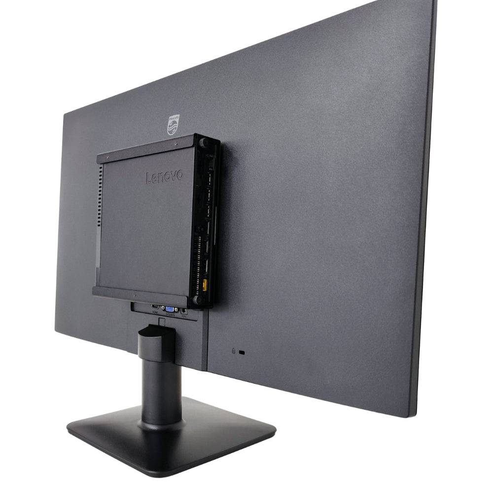 Configurazione posteriore Lenovo M910q All In One con Mini PC integrato e monitor Philips 27'', design salvaspazio per scrivanie moderne.