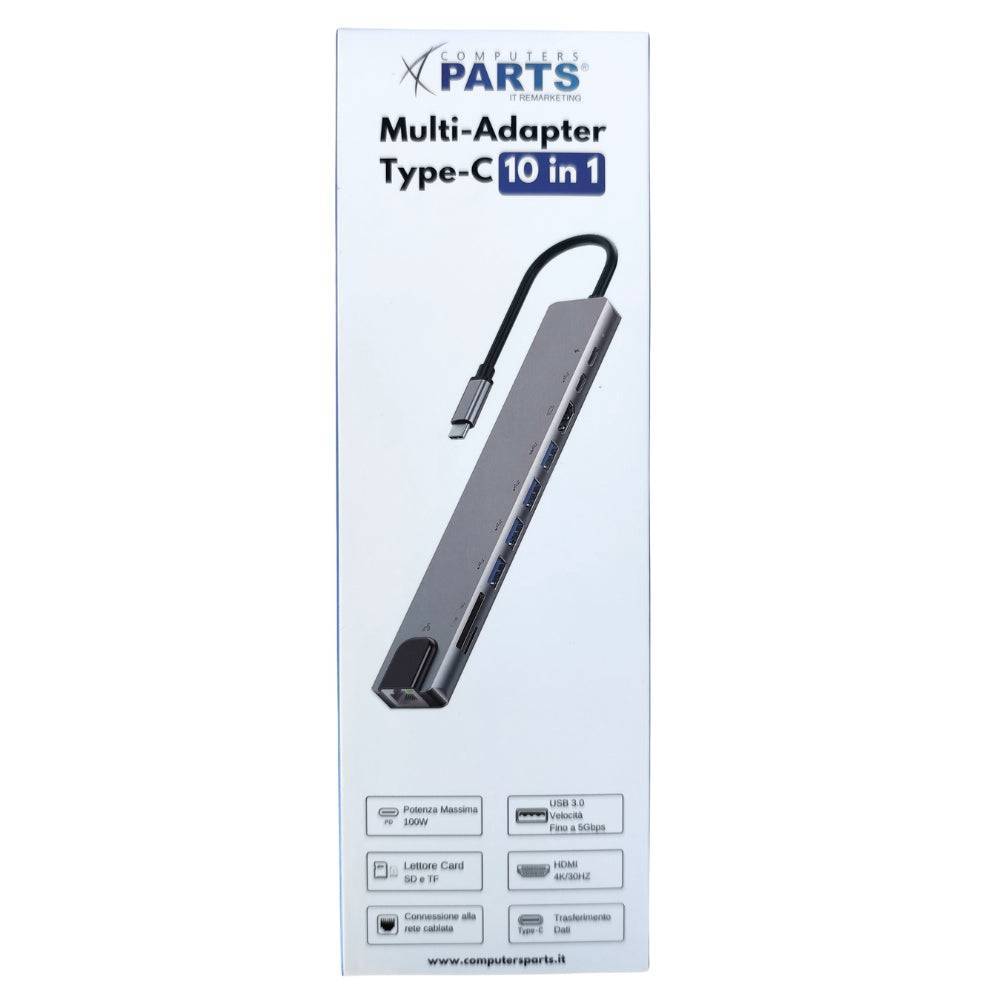 Confezione dell'adattatore multiporta USB-C 10-in-1 per Lenovo ThinkCentre TIO24, con specifiche tecniche e compatibilità.