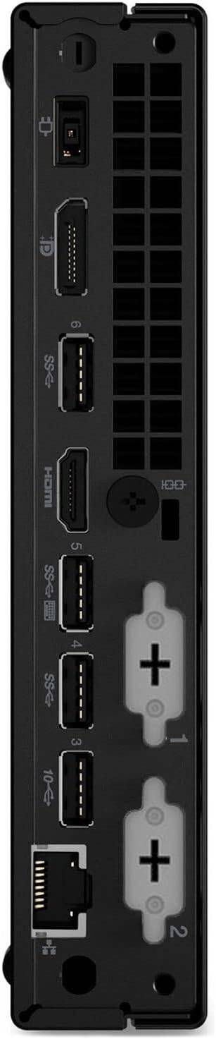 Retro del Lenovo ThinkCentre M70q Mini PC con porte HDMI, DisplayPort, USB e Ethernet. Connettività completa per ogni esigenza.