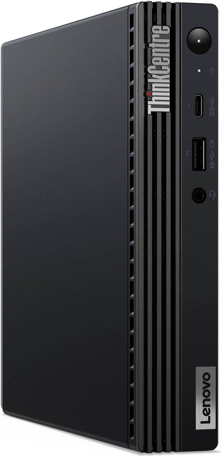 Vista verticale del Lenovo ThinkCentre M70q Mini PC con porte USB-C, USB-A e jack audio. Potente e salvaspazio per uso professionale.