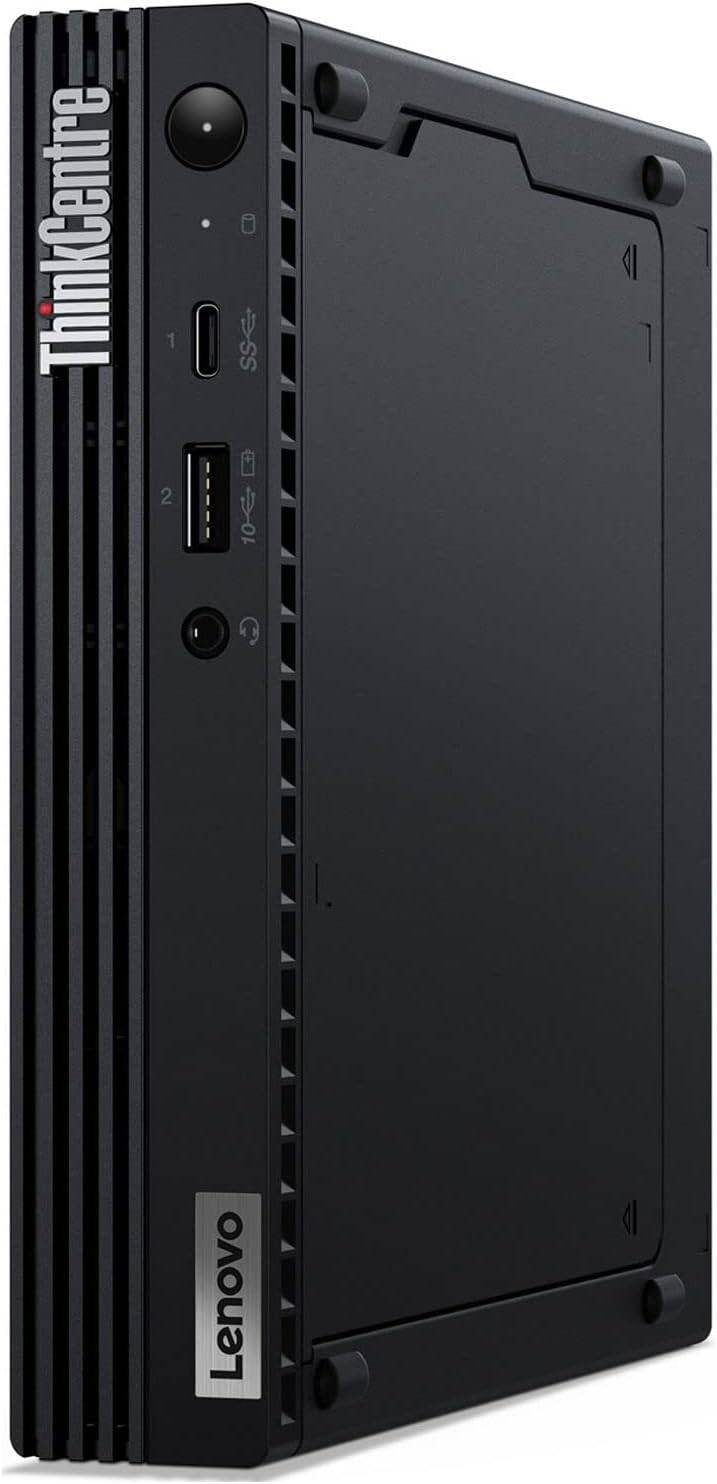 Mini PC Lenovo ThinkCentre M70q in posizione verticale, con design sottile e porte frontali accessibili. Ottimo per ambienti di lavoro moderni.