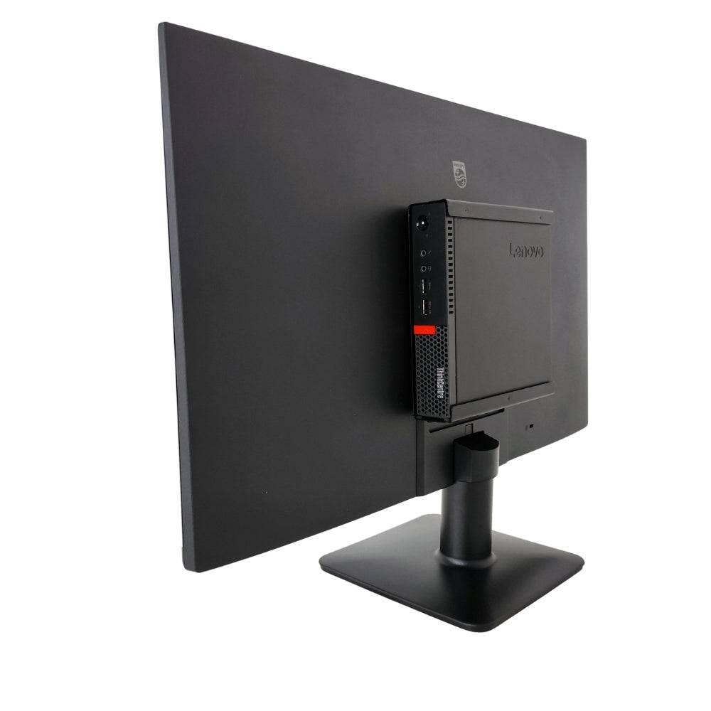 Mini PC Lenovo M910q montato su monitor Philips 27'' FullHD, soluzione All In One efficiente per lavoro e studio.