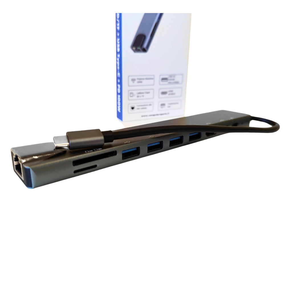 Docking Station USB-C 10 in 1 con cavo integrato e porte multiple, ideale per espandere le funzionalità del laptop.
