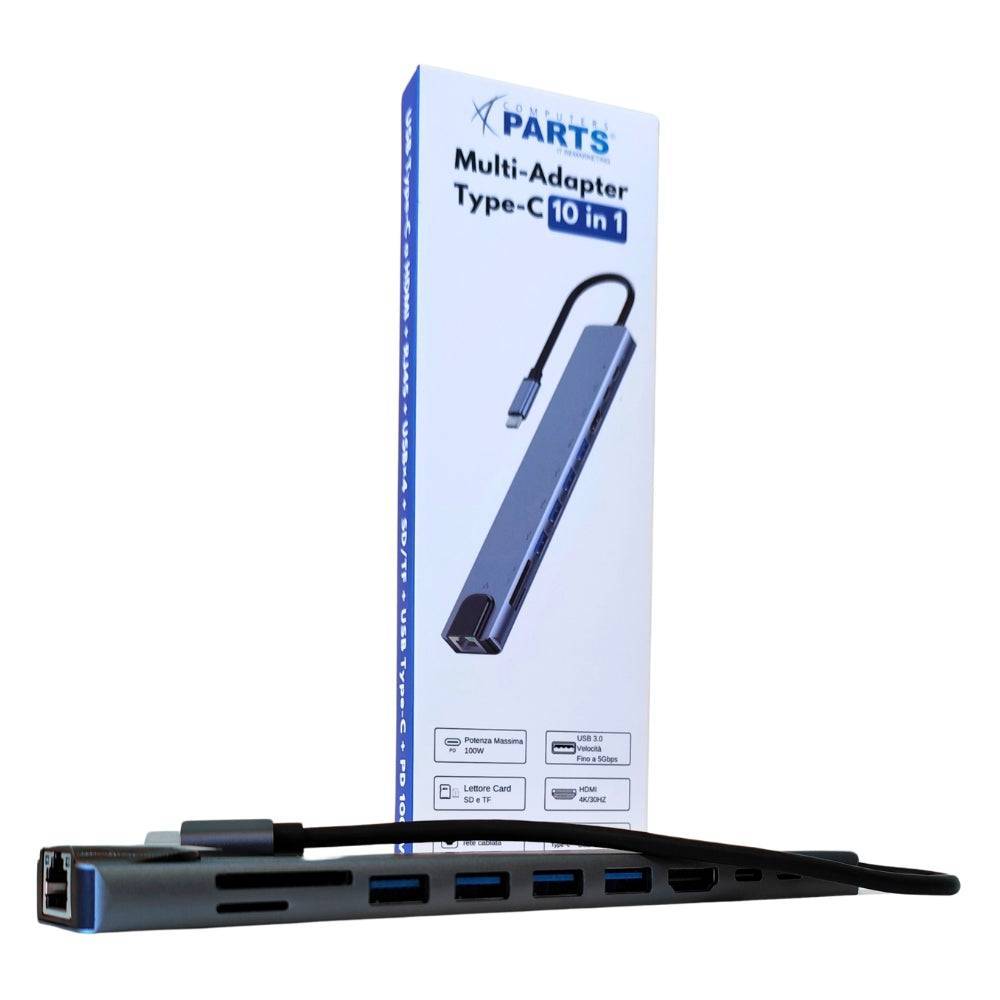 Docking Station USB-C 10 in 1 con confezione, vista laterale delle porte USB, HDMI e slot SD per accessori notebook.