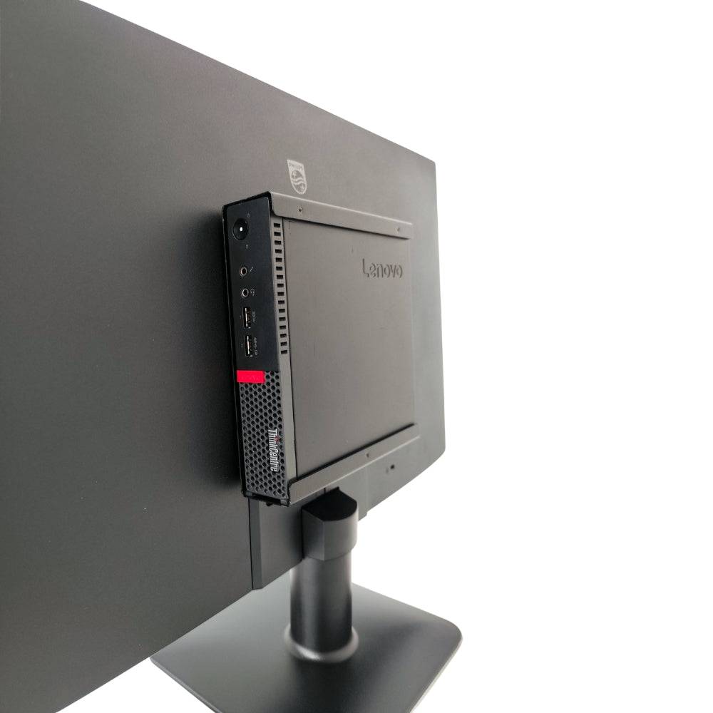 Vista laterale del Mini PC Lenovo M910q su monitor Philips, parte della postazione All In One con processore i5-6500 e FreeDOS.