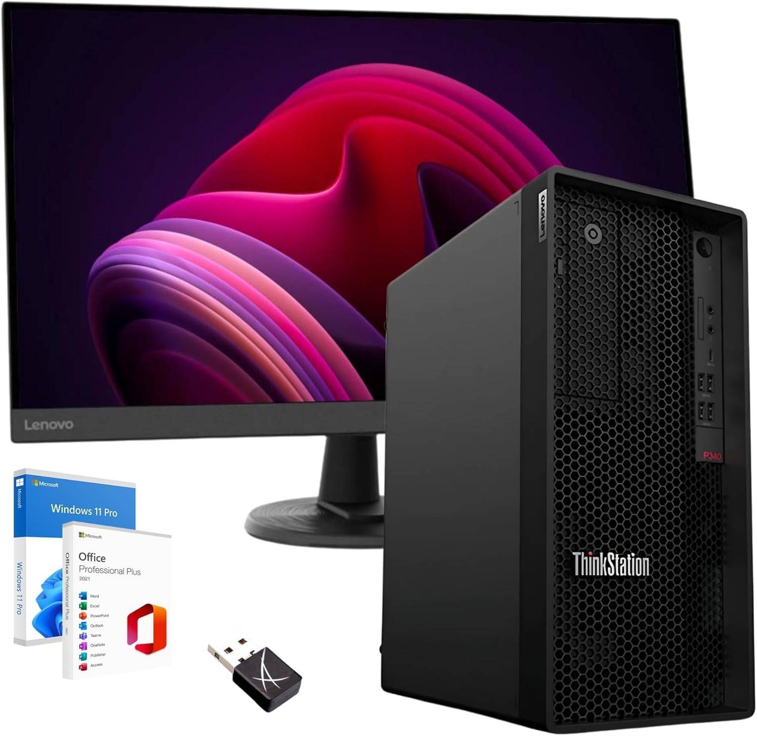 Bundle Lenovo ThinkStation P340 con monitor 27" FullHD, PC desktop con Intel Core i5, Windows 11 Pro e Office 2021 incluso, ideale per ufficio.