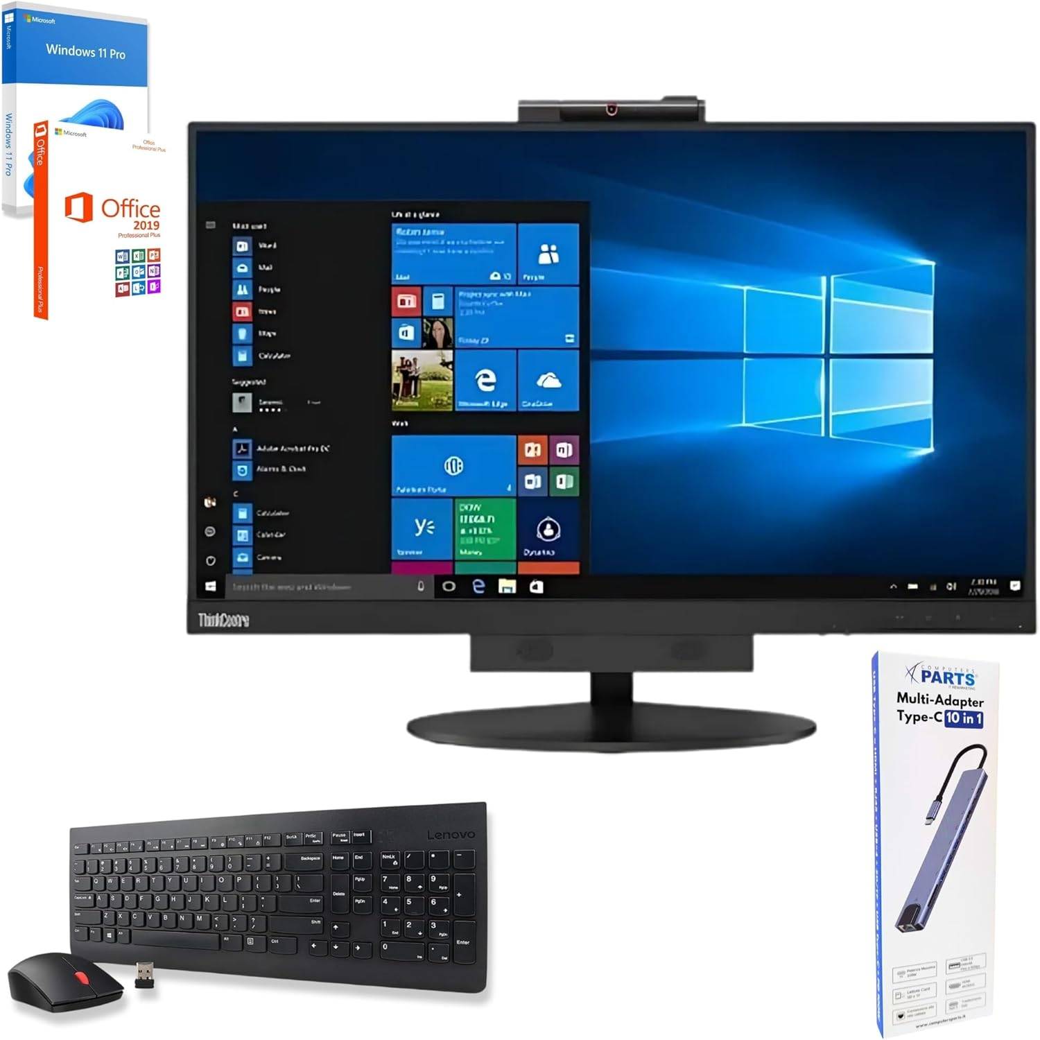 Lenovo ThinkCentre TIO24 All In One con Windows 11 Pro, Office 2019, webcam, tastiera e mouse inclusi, docking station 10-in-1 USB-C.