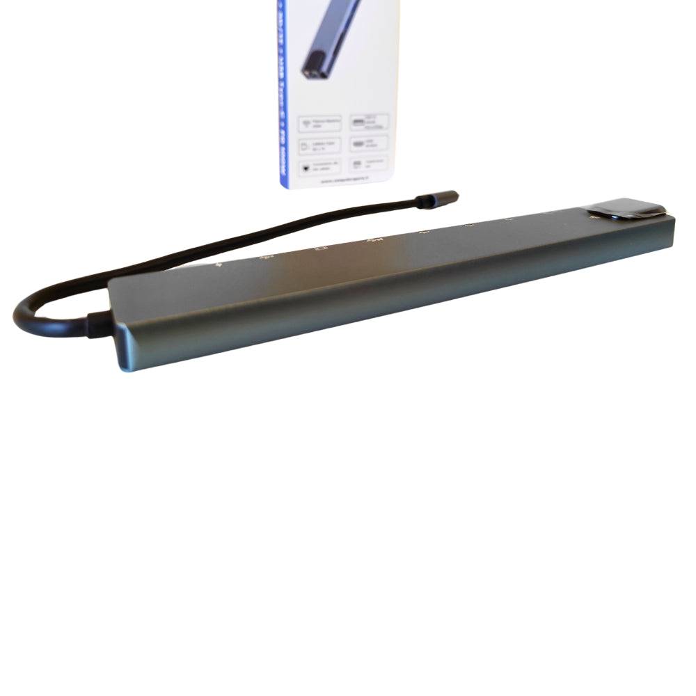 Docking USB-C 10 in 1 con design sottile e cavo integrato, accessorio incluso nella postazione Lenovo M910q All In One.