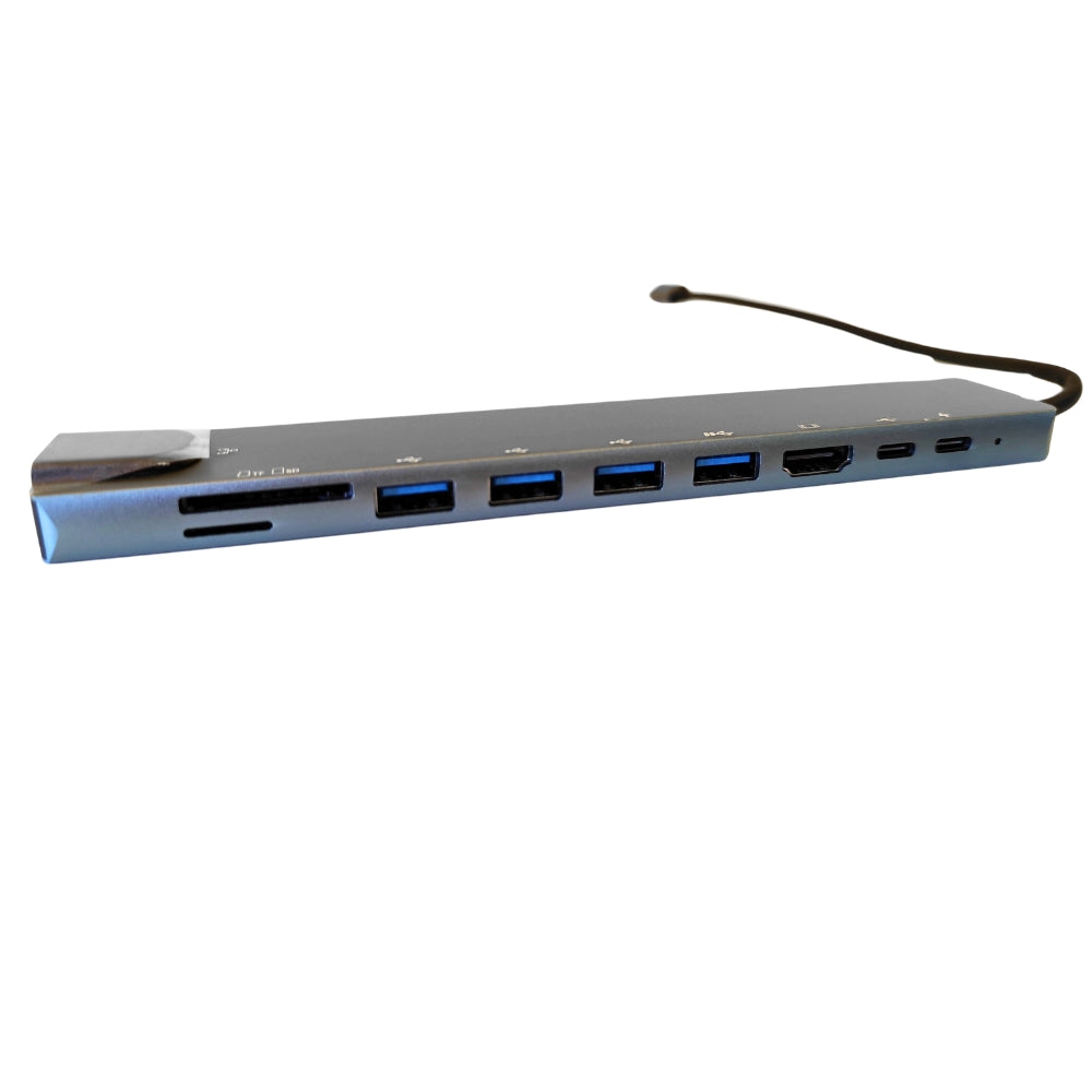 Docking Station USB-C 10 in 1 con porte USB, HDMI, SD e Type-C PD, perfetta per accessori notebook e laptop moderni.