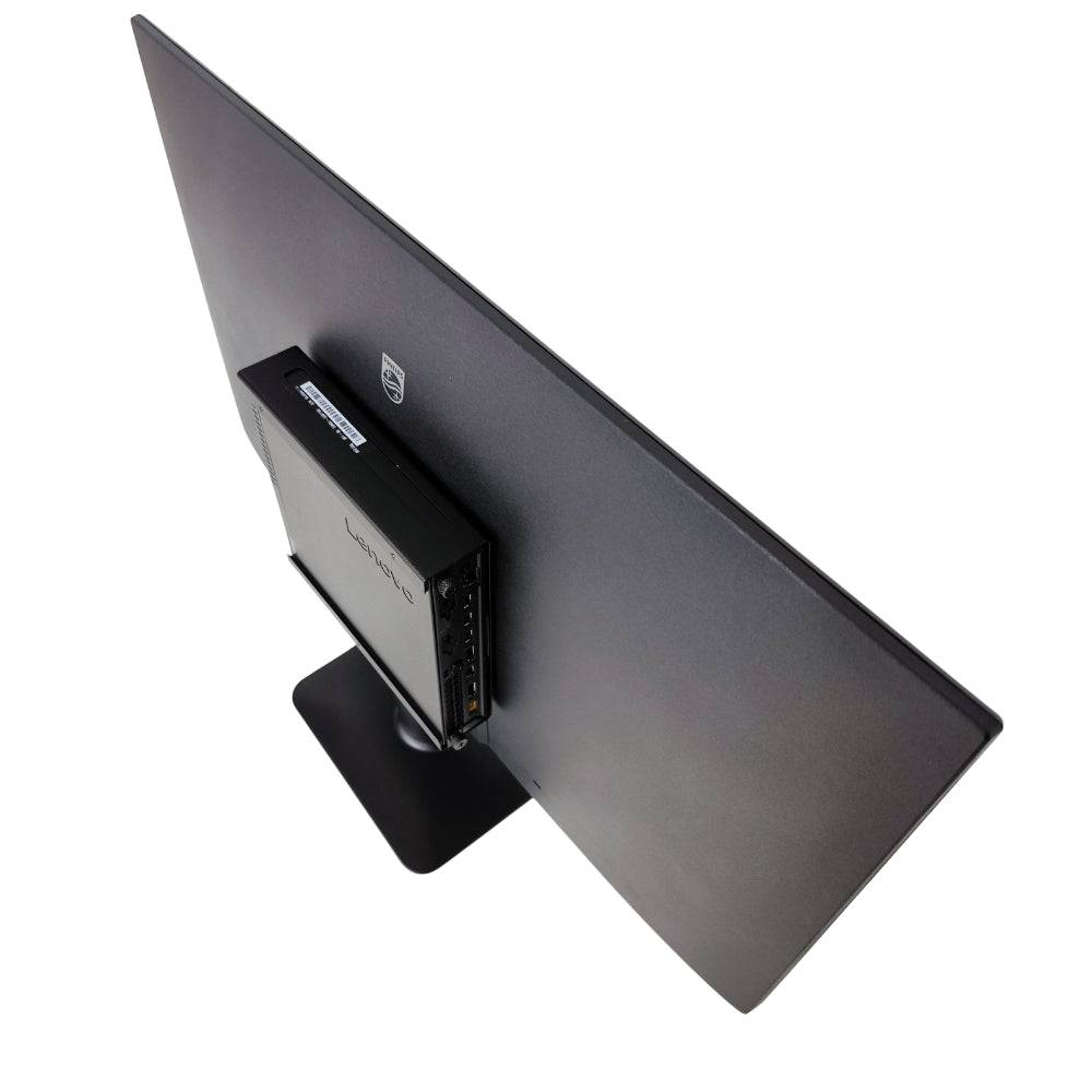 Vista dall'alto della postazione Lenovo M910q All In One con monitor Philips 27'', design compatto e moderno per ogni ambiente.