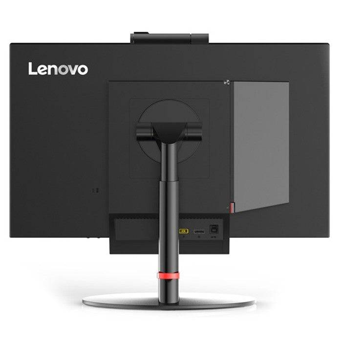 Vista posteriore del Lenovo ThinkCentre TIO24 All In One con supporto ergonomico e accesso facilitato alle porte USB e HDMI.