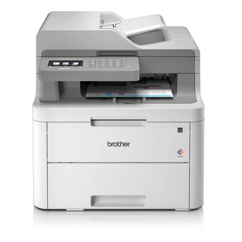 Brother DCP-L3550CDW stampante multifunzione ricondizionata laser a colori A4 con Wi-Fi, stampa fronte/retro e ADF, vista frontale compatta.
