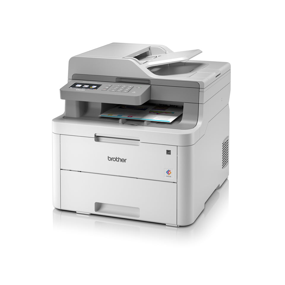 Stampante multifunzione laser Brother DCP-L3550CDW ricondizionata, vista angolare con pannello touchscreen e alimentatore automatico documenti.