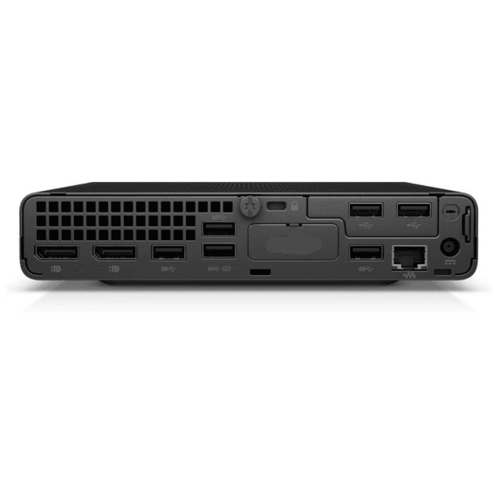 Retro del Mini PC HP EliteDesk 800 G6 con porte DisplayPort, USB e Ethernet, ideale per configurazioni multi-monitor e rete aziendale.