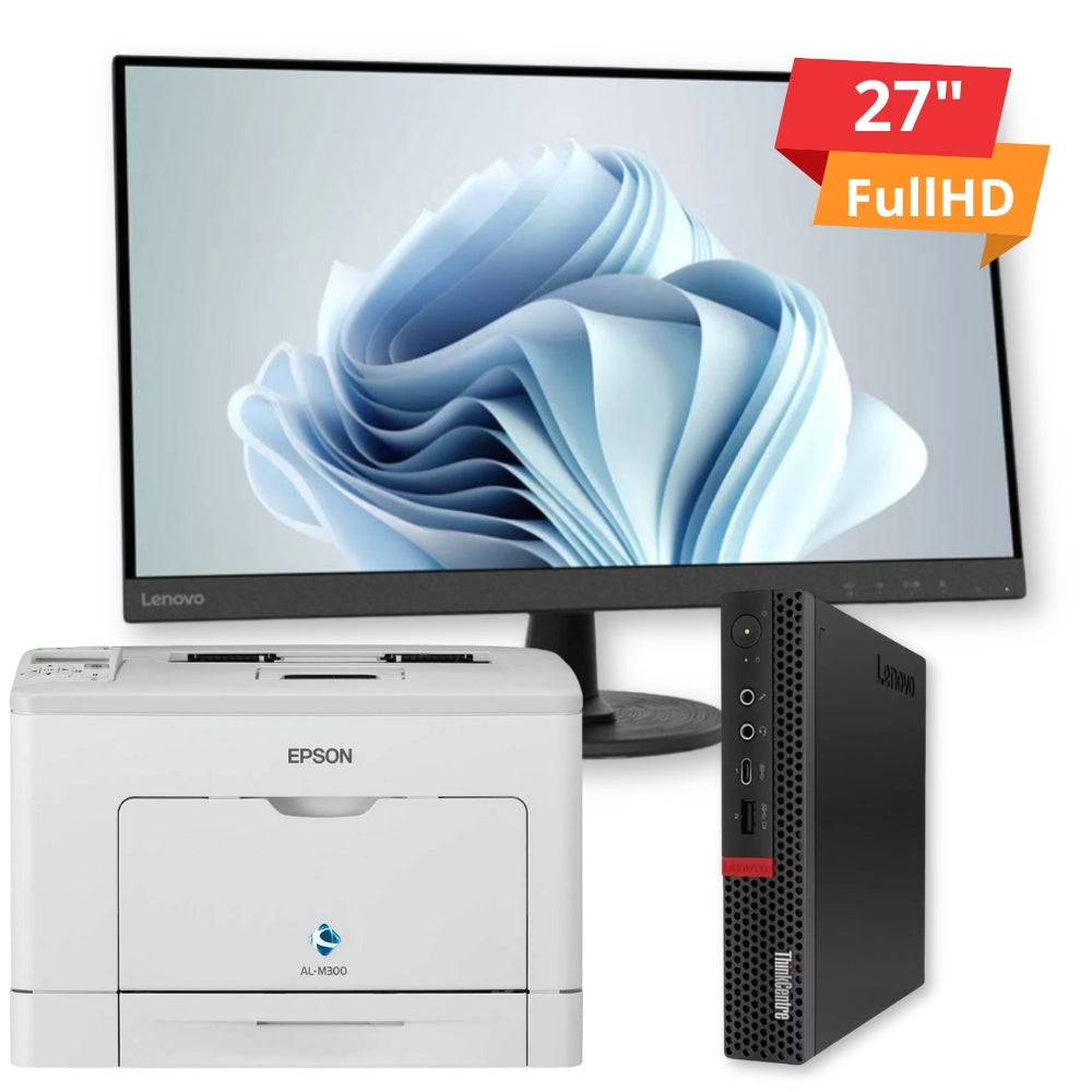 Bundle Ufficio con Lenovo PC, include Mini PC Lenovo M920q, monitor 27'' FullHD e stampante Epson AL-M300. Soluzione ideale per smart working.