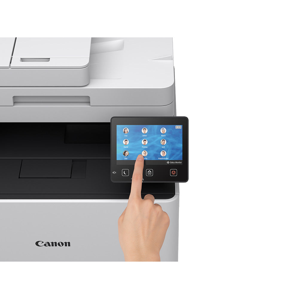 Interfaccia touchscreen della Canon i-SENSYS MF525x con selezione utente, ideale per accesso rapido e personalizzato alle funzioni.