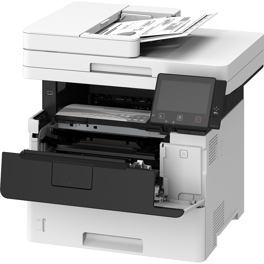 Vista interna della Canon i-SENSYS MF525x con sportello aperto e toner visibile, progettata per manutenzione semplice e stampa efficiente.