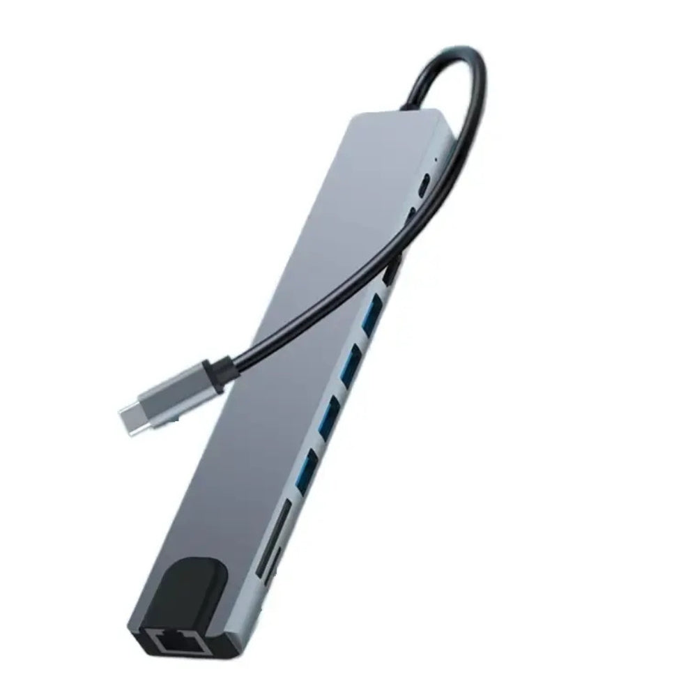 Docking Station USB-C 10 in 1 con cavo integrato, design sottile e porte multiple per espansione laptop e notebook.
