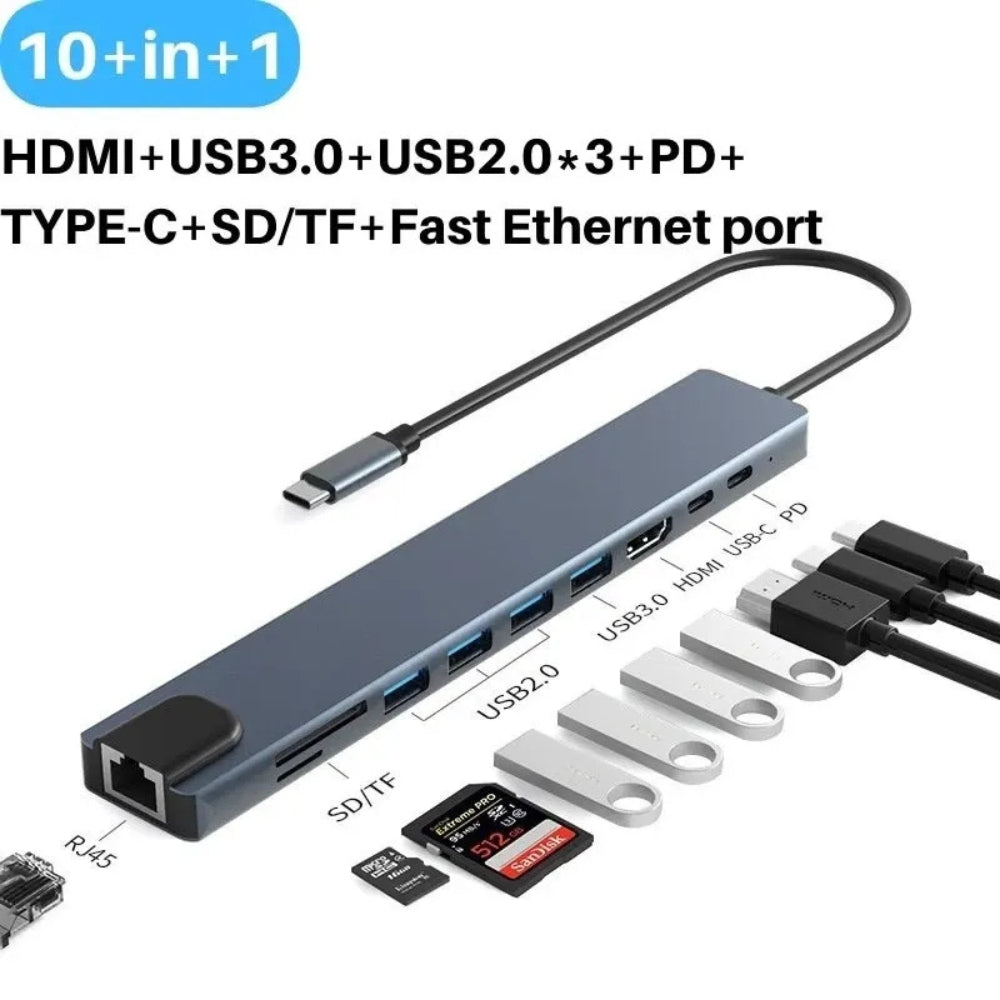 Docking Station USB-C 10 in 1 con porte HDMI, USB, SD, Ethernet e PD, collegata a più dispositivi contemporaneamente.