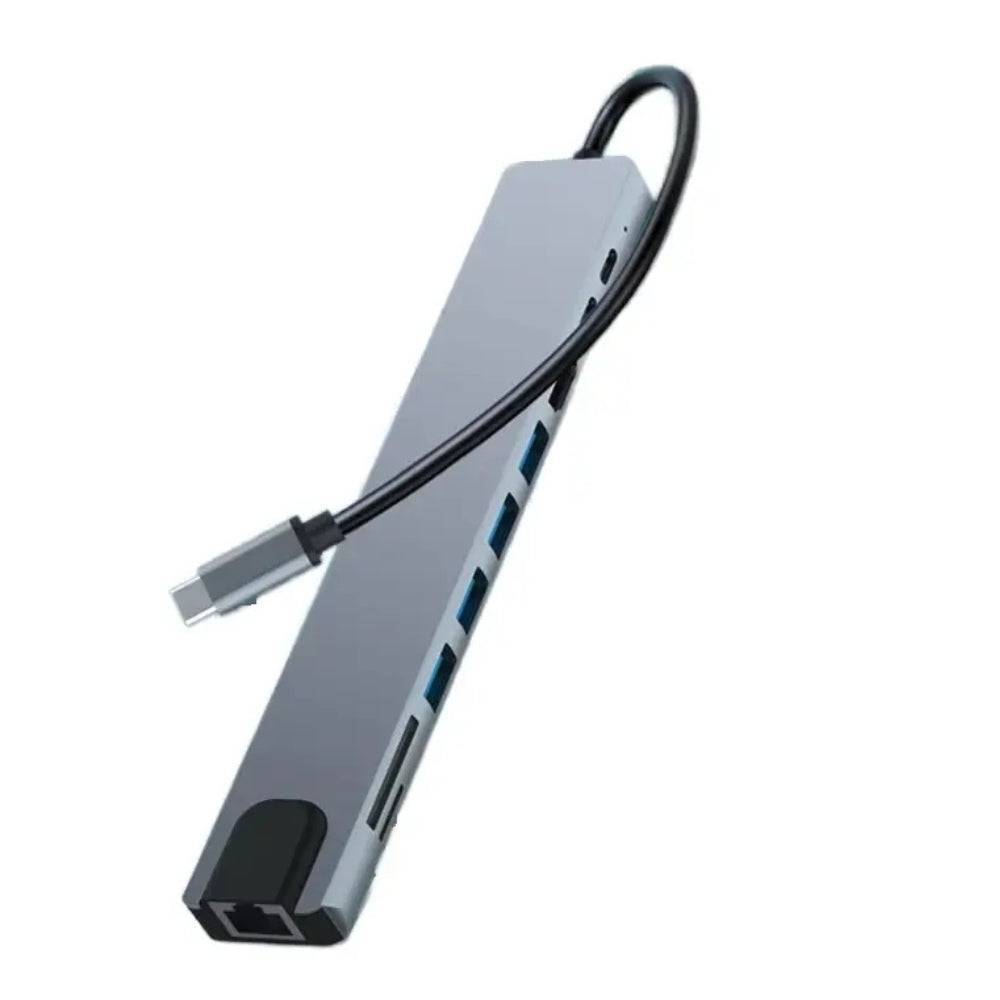 Adattatore USB-C 10-in-1 compatibile con Lenovo ThinkCentre TIO24, design compatto con porte USB, HDMI, Ethernet e lettore schede.