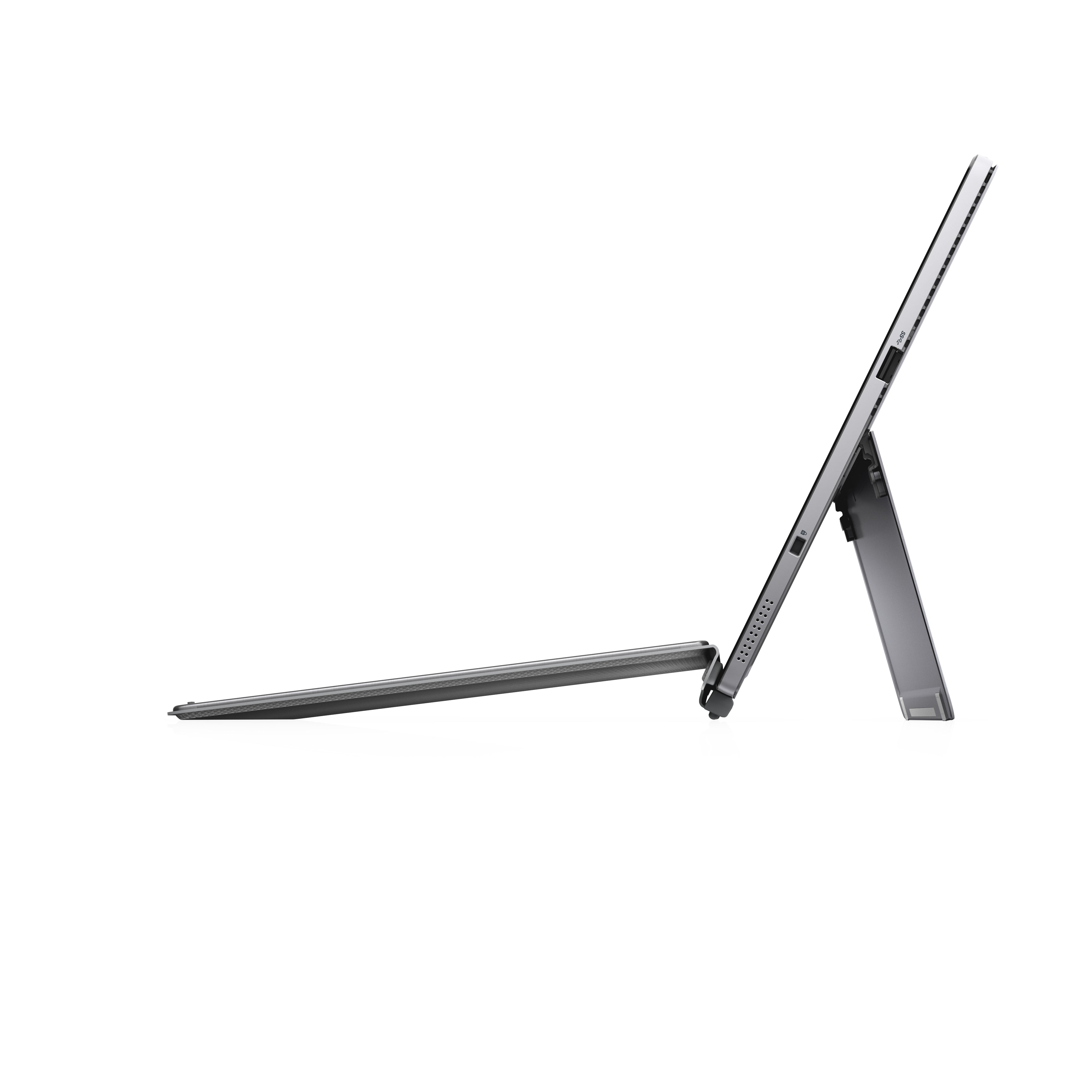 Vista laterale del DELL Latitude 7200 con tastiera scollegata, mostra la struttura sottile e il supporto posteriore.