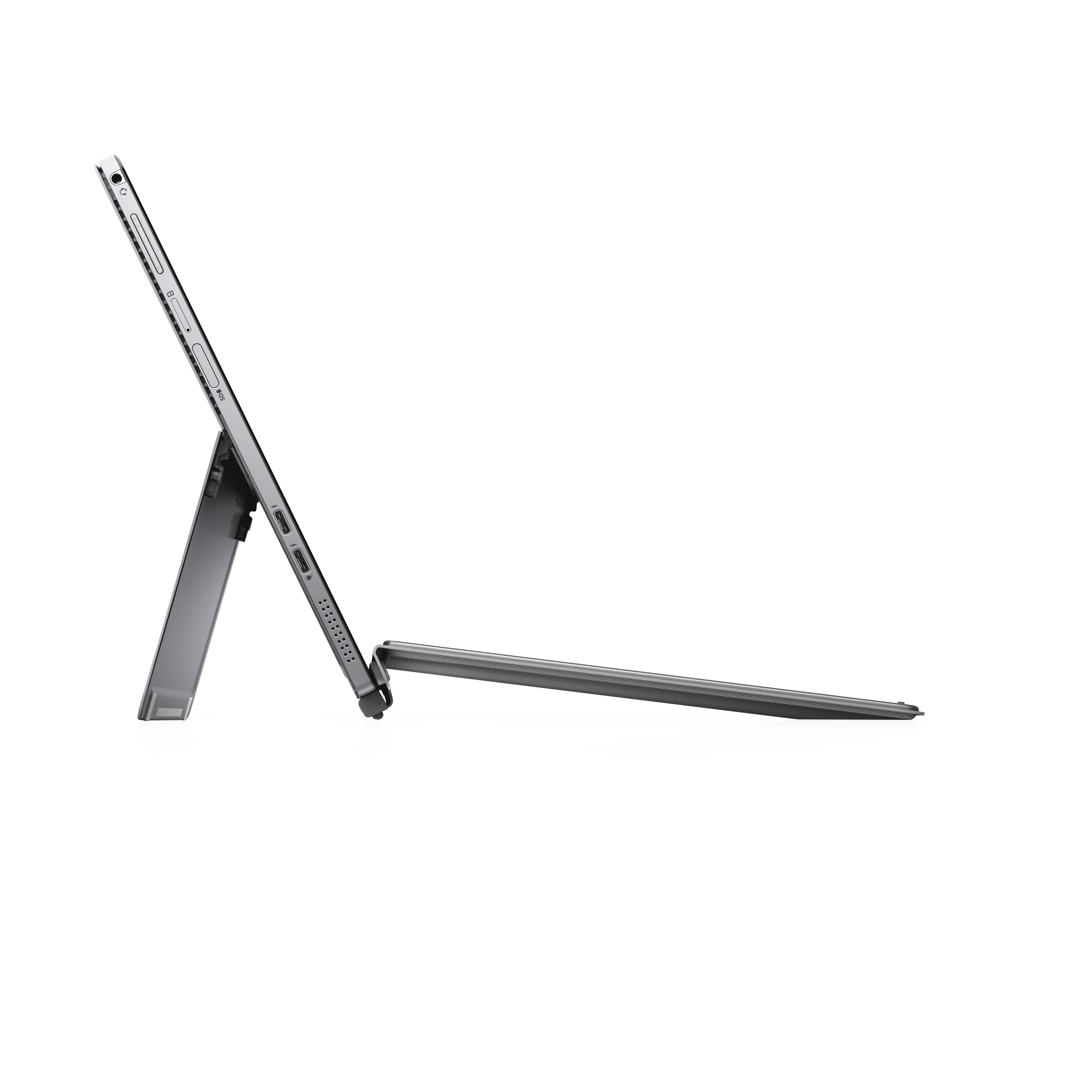 Profilo laterale del DELL Latitude 7200 con tastiera inclinata, evidenzia la sottigliezza e le porte di connessione.