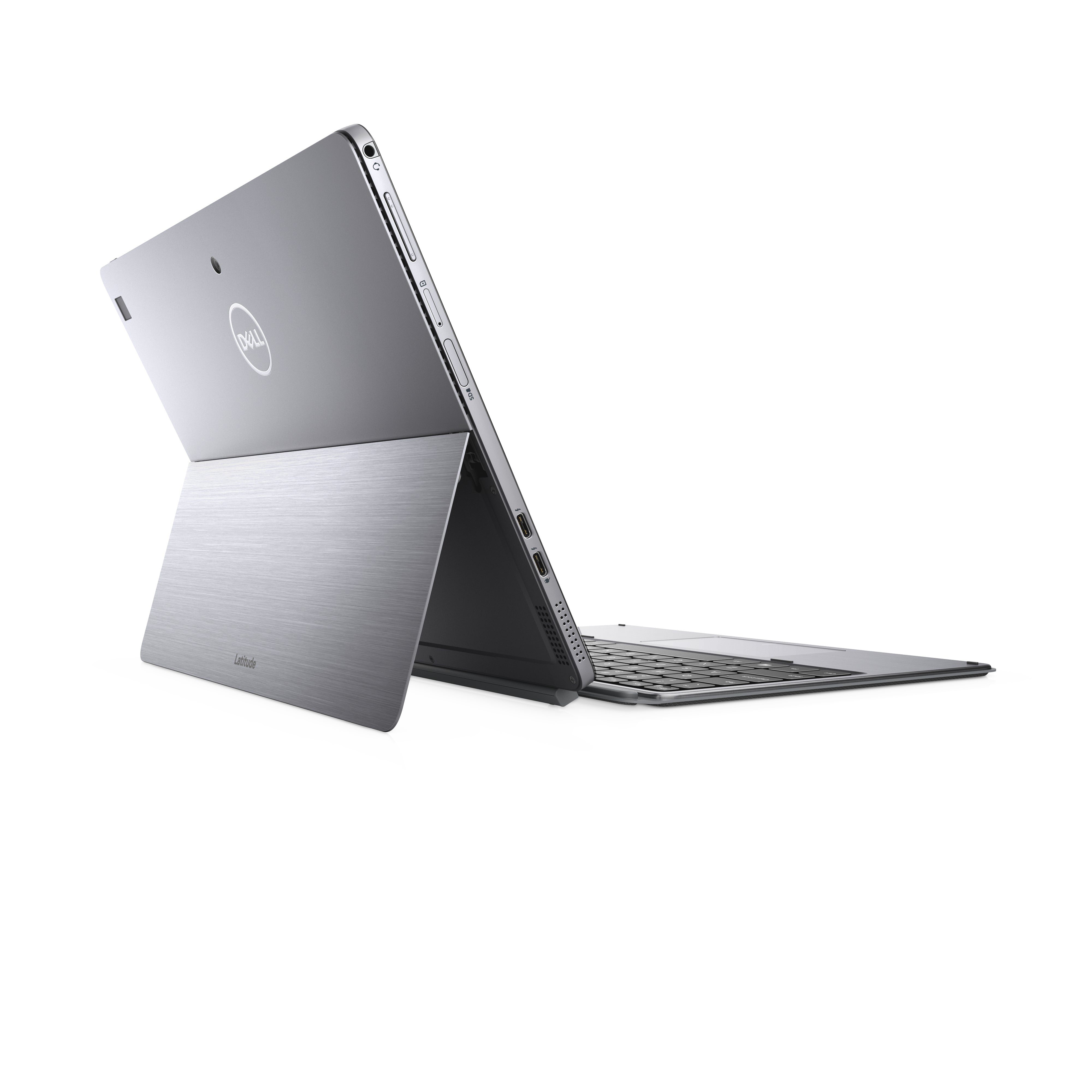 Retro del DELL Latitude 7200 con supporto integrato e finitura in alluminio, design elegante e funzionale per uso professionale.