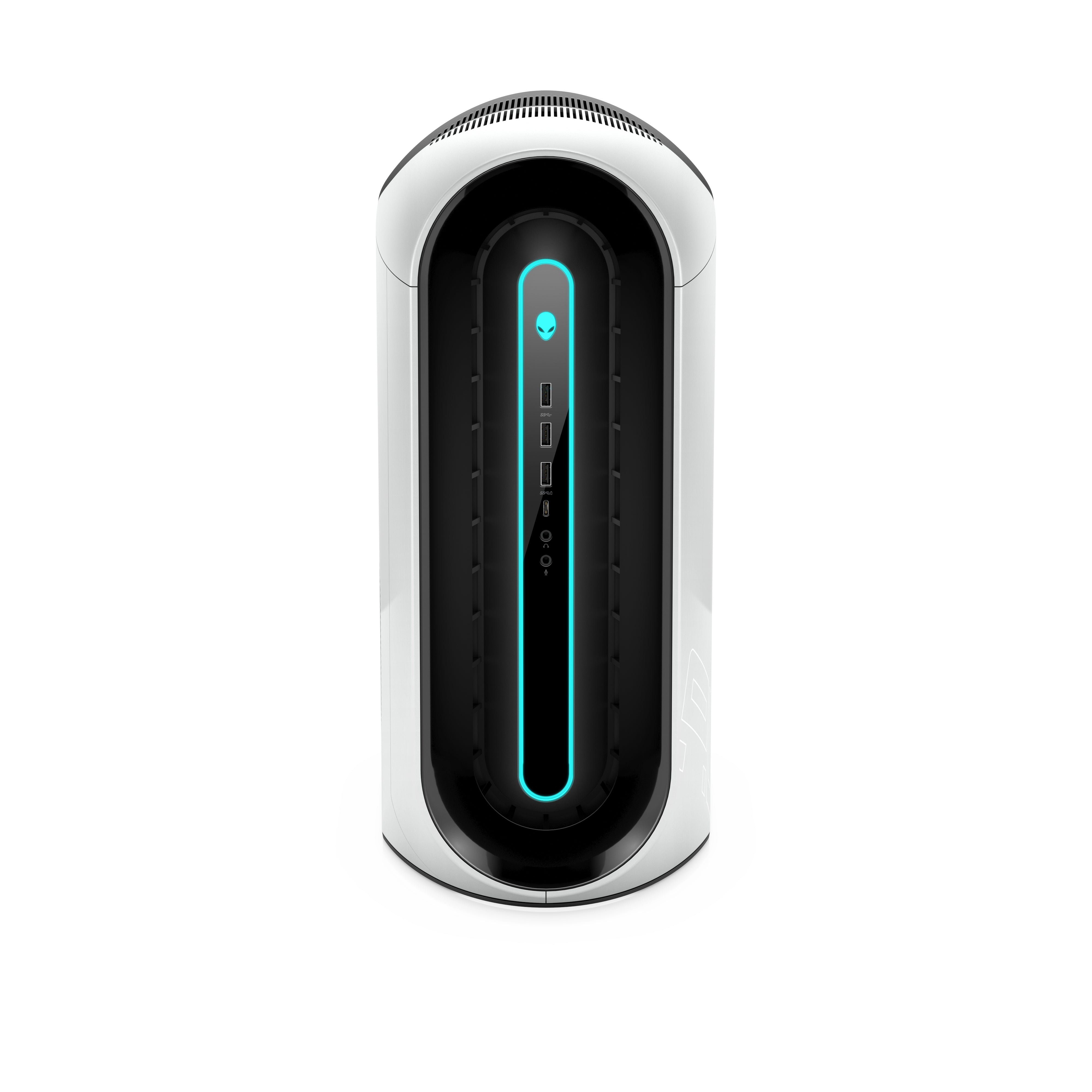 Vista frontale del Dell Alienware Aurora R10 con LED azzurro, Ryzen 9 e RTX 3080Ti, perfetto per gamer e creativi su Messoanuovo.it.