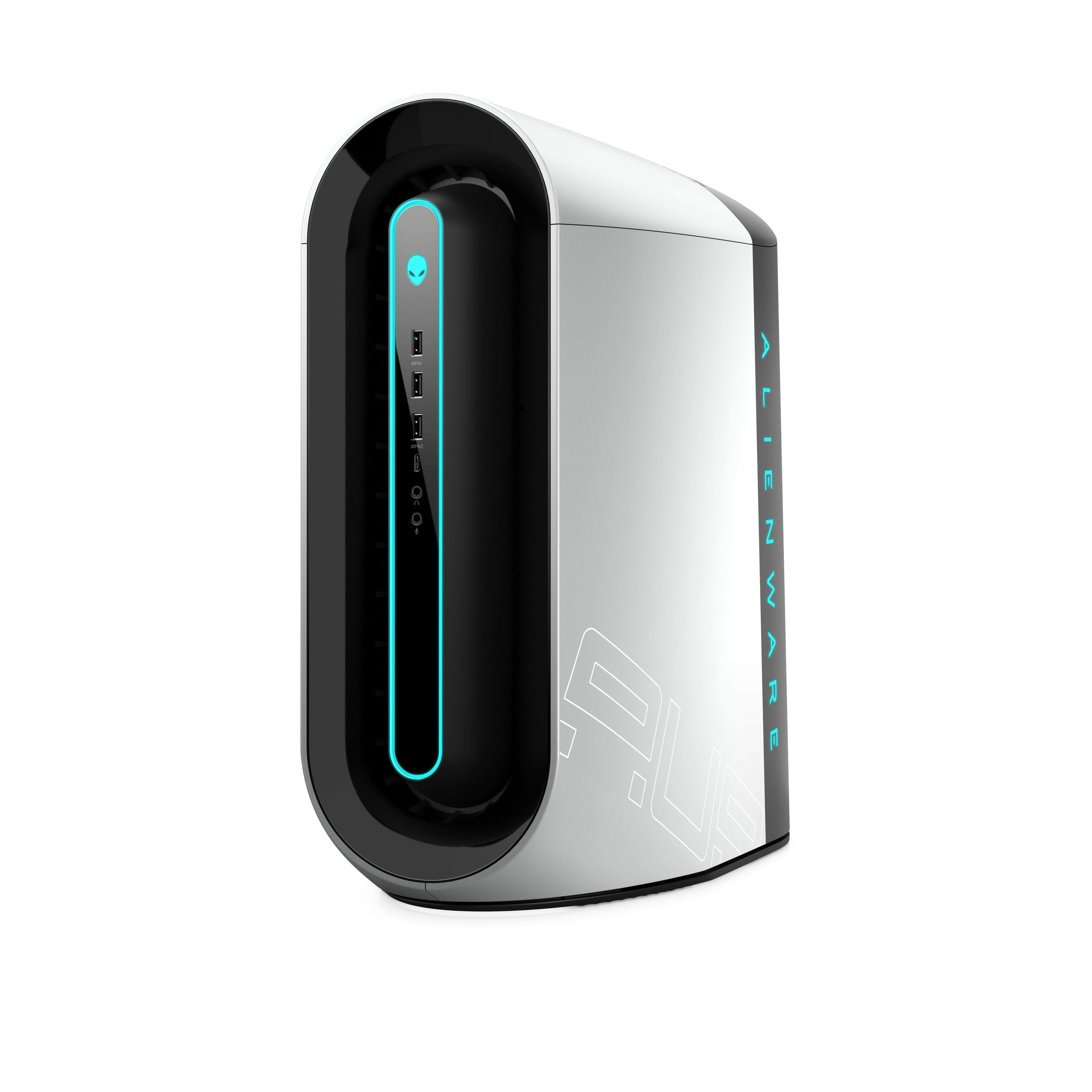 Dell Alienware Aurora R10 con scritta laterale luminosa, Ryzen 9, 128GB RAM e RTX 3080Ti, PC gaming ad alte prestazioni.