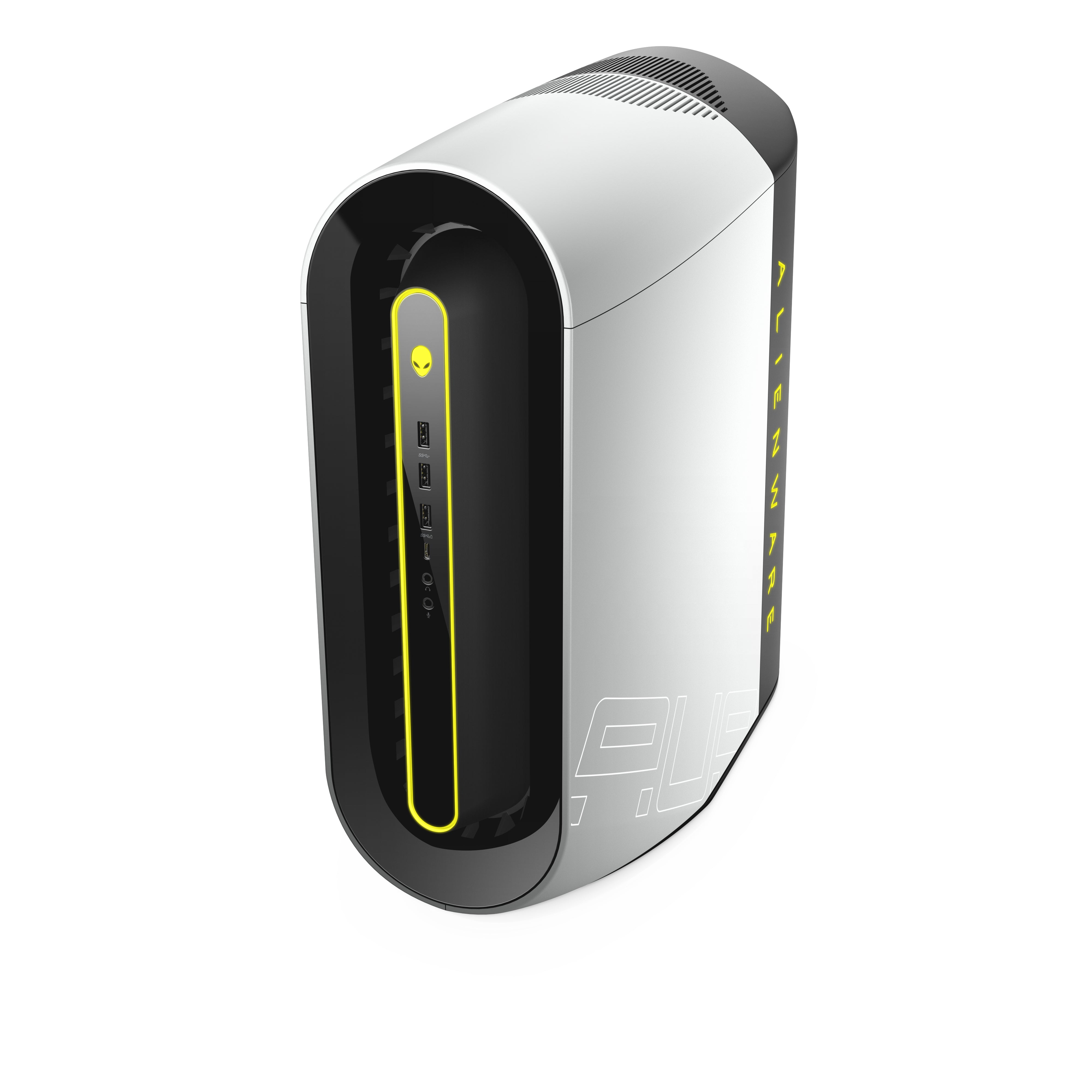 Versione con LED giallo del Dell Alienware Aurora R10, PC gaming con Ryzen 9 e RTX 3080Ti, design accattivante e potente.