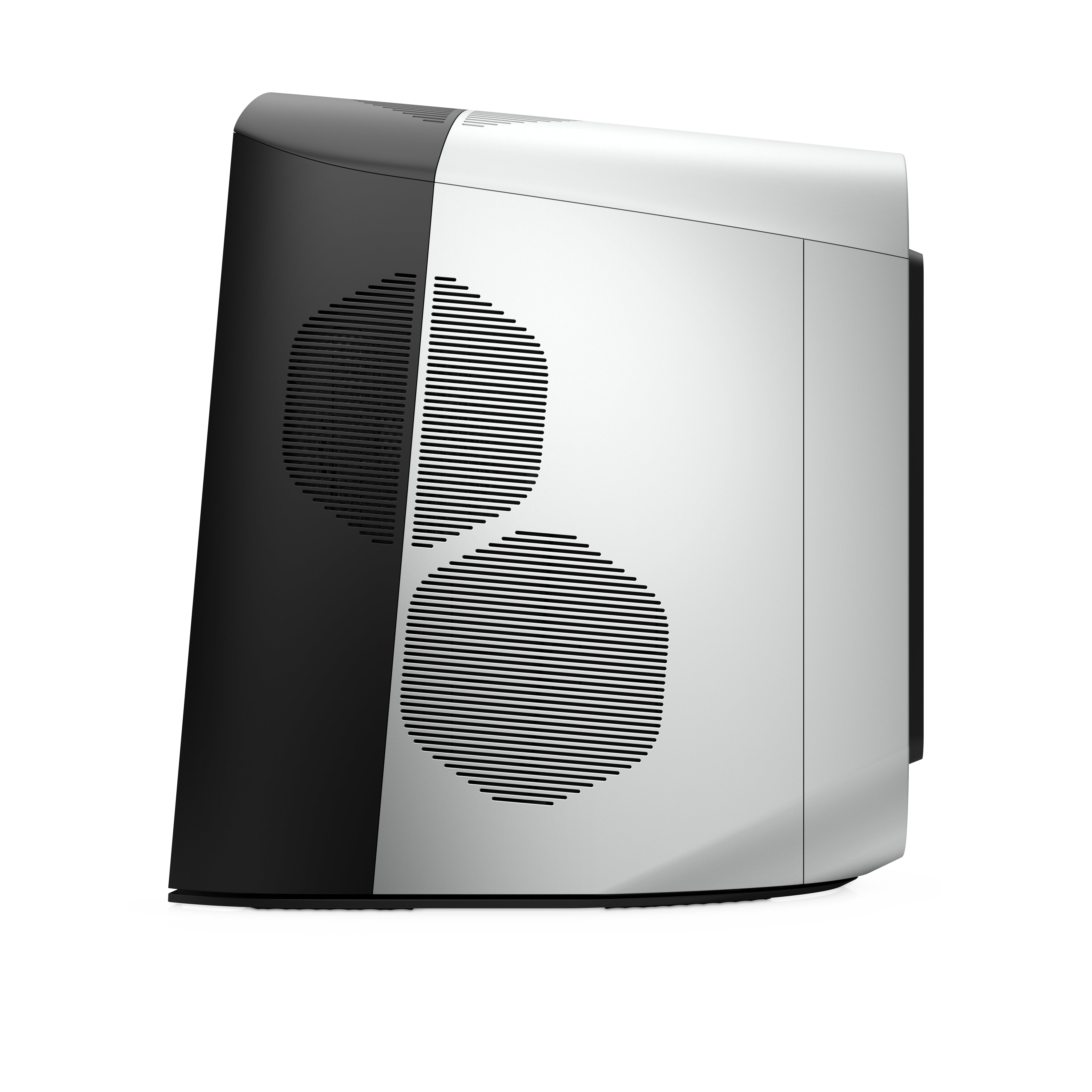 Lato sinistro del Dell Alienware Aurora R10 con griglie di ventilazione, ideale per dissipazione e performance di gioco elevate.