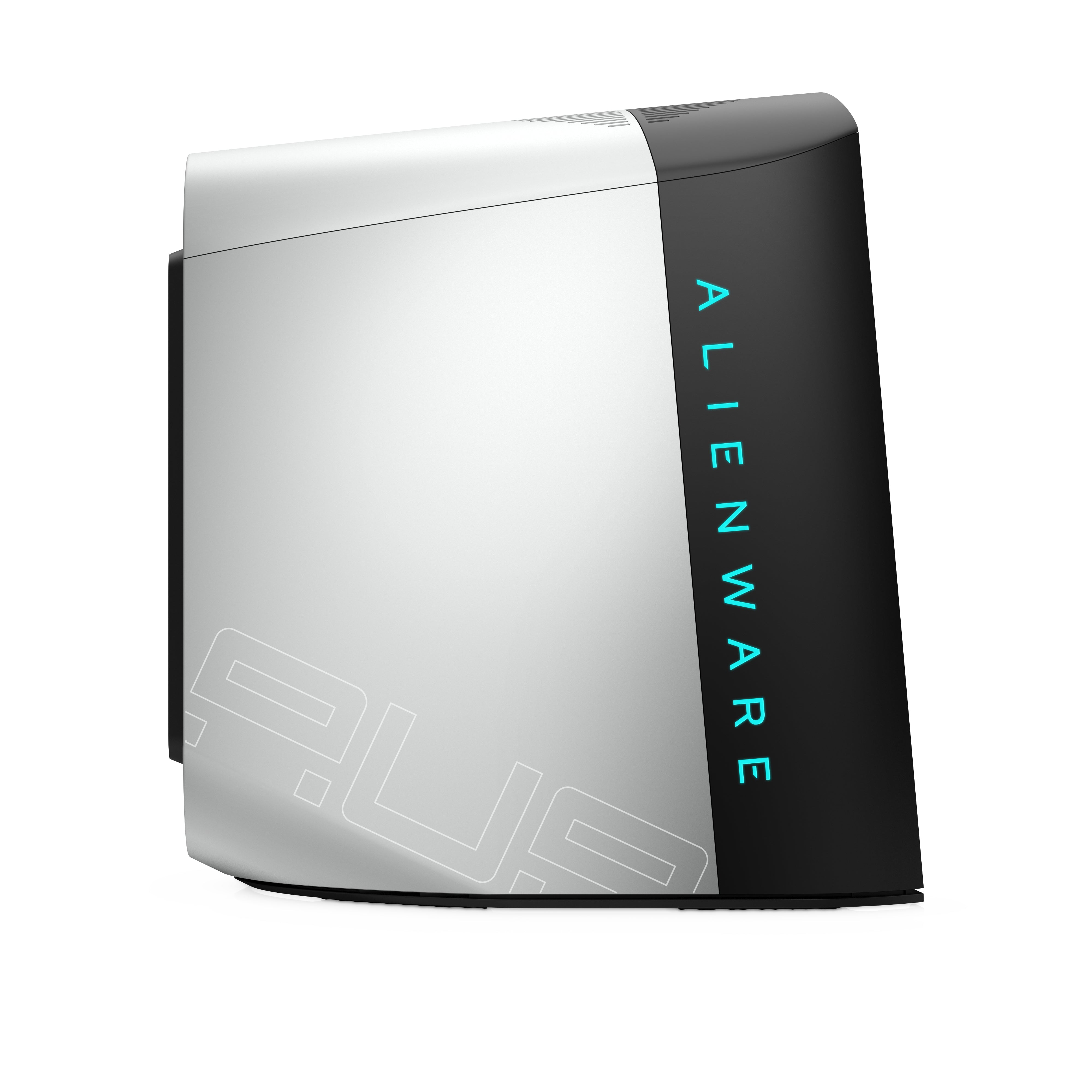 Vista laterale destra del Dell Alienware Aurora R10 con logo ALIENWARE illuminato, PC gaming con Ryzen 9 e RTX 3080Ti.