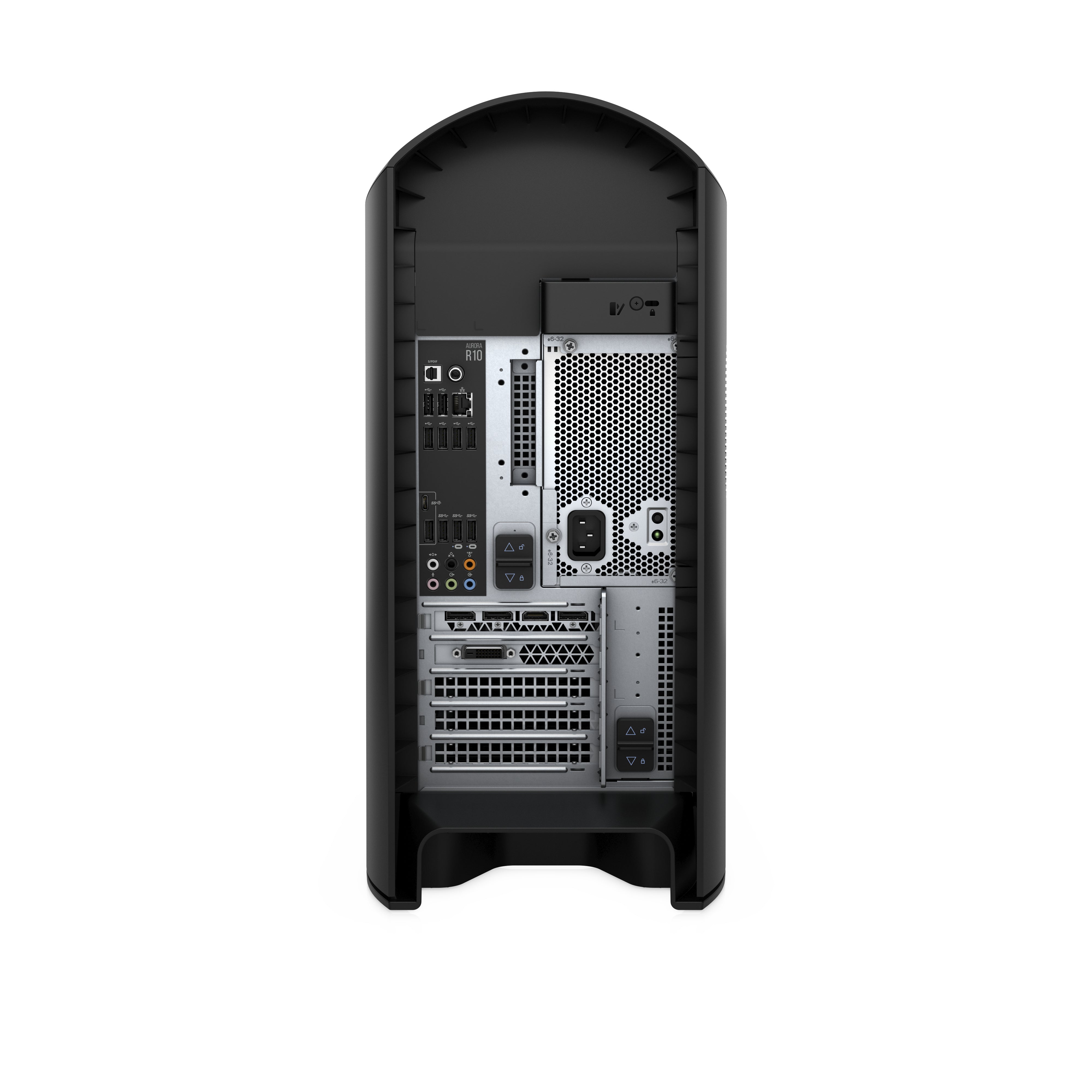 Retro del Dell Alienware Aurora R10 con porte di espansione e connettività completa, perfetto per configurazioni gaming avanzate.