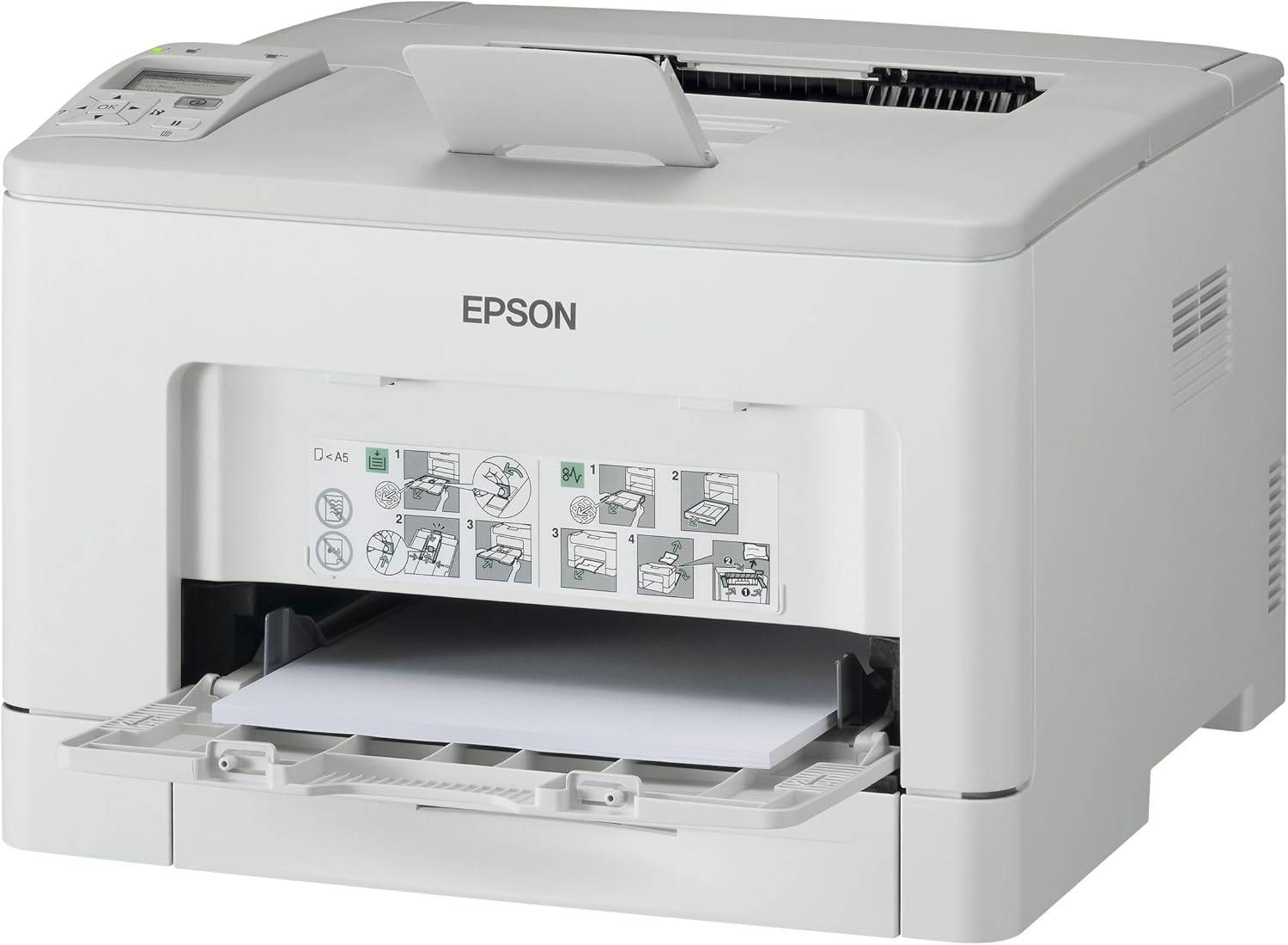 Stampante Epson AL-M300 con cassetto carta aperto e istruzioni visibili. Facile da usare e mantenere in ufficio.