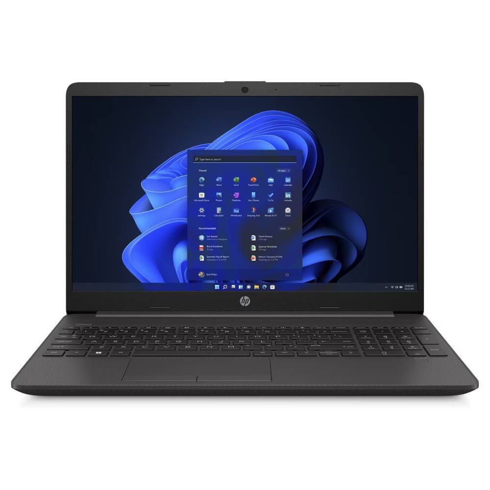 Notebook HP 250 G10 con display 15.6'' FullHD acceso, Intel Core i5, tastiera full-size e sistema operativo Windows su schermo.