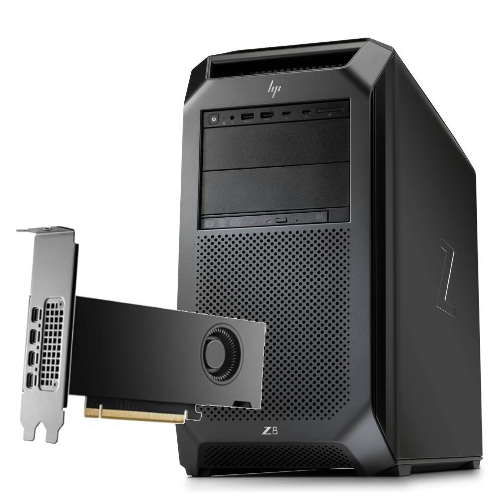 Workstation HP Z8 G4 con doppio Xeon Gold 6138 e scheda grafica Nvidia RTX A2000 12GB, ideale per rendering 3D e AI.