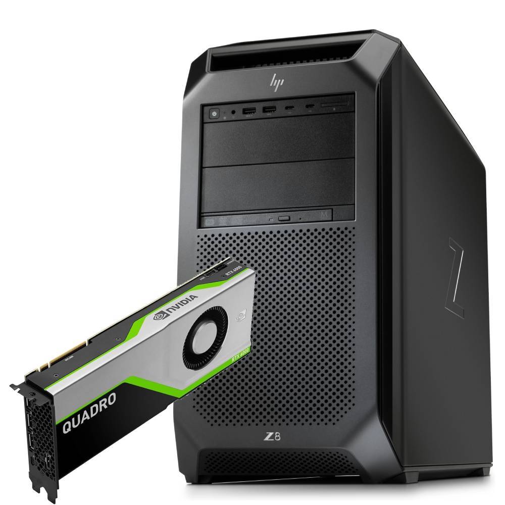 Workstation HP Z8 G4 Tower con doppio Xeon Gold 6138, 128GB RAM, SSD NVMe 2TB e scheda grafica Nvidia RTX 6000 24GB per uso CAD e AI.