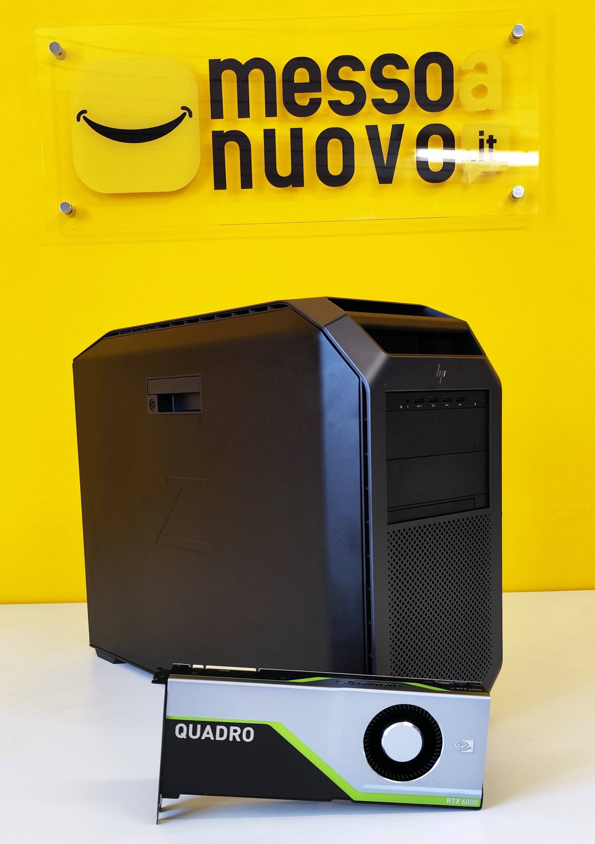 Workstation HP Z8 G4 Tower con doppio Xeon Gold e scheda Nvidia RTX 6000 24GB, esposta su sfondo giallo con logo Messoanuovo.it