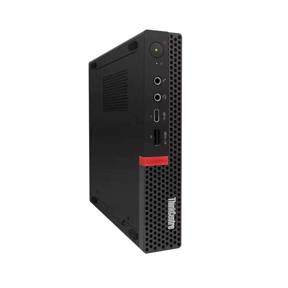 Mini PC Lenovo M920q verticale con design sottile e porte accessibili. Ottimizzato per spazi ridotti in ufficio.