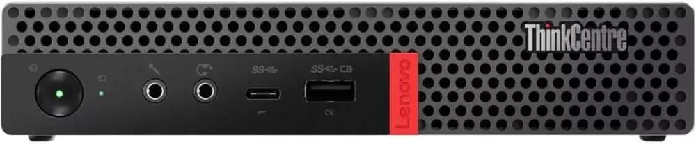 Vista frontale del Mini PC Lenovo M920q con griglia di ventilazione e porte USB. Prestazioni elevate per ambienti professionali.